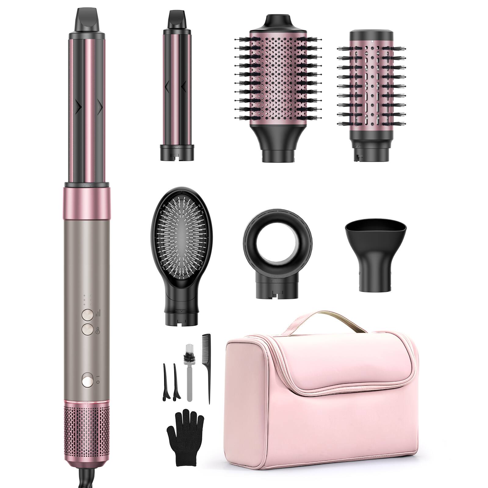 Front. Teendow - 7 in 1 Hair Dryer Brush with Travel Bag for Fast Drying/Straightening/Curling, Mutil-Use Blow Dryer Brush, Hair Styler - Pink.