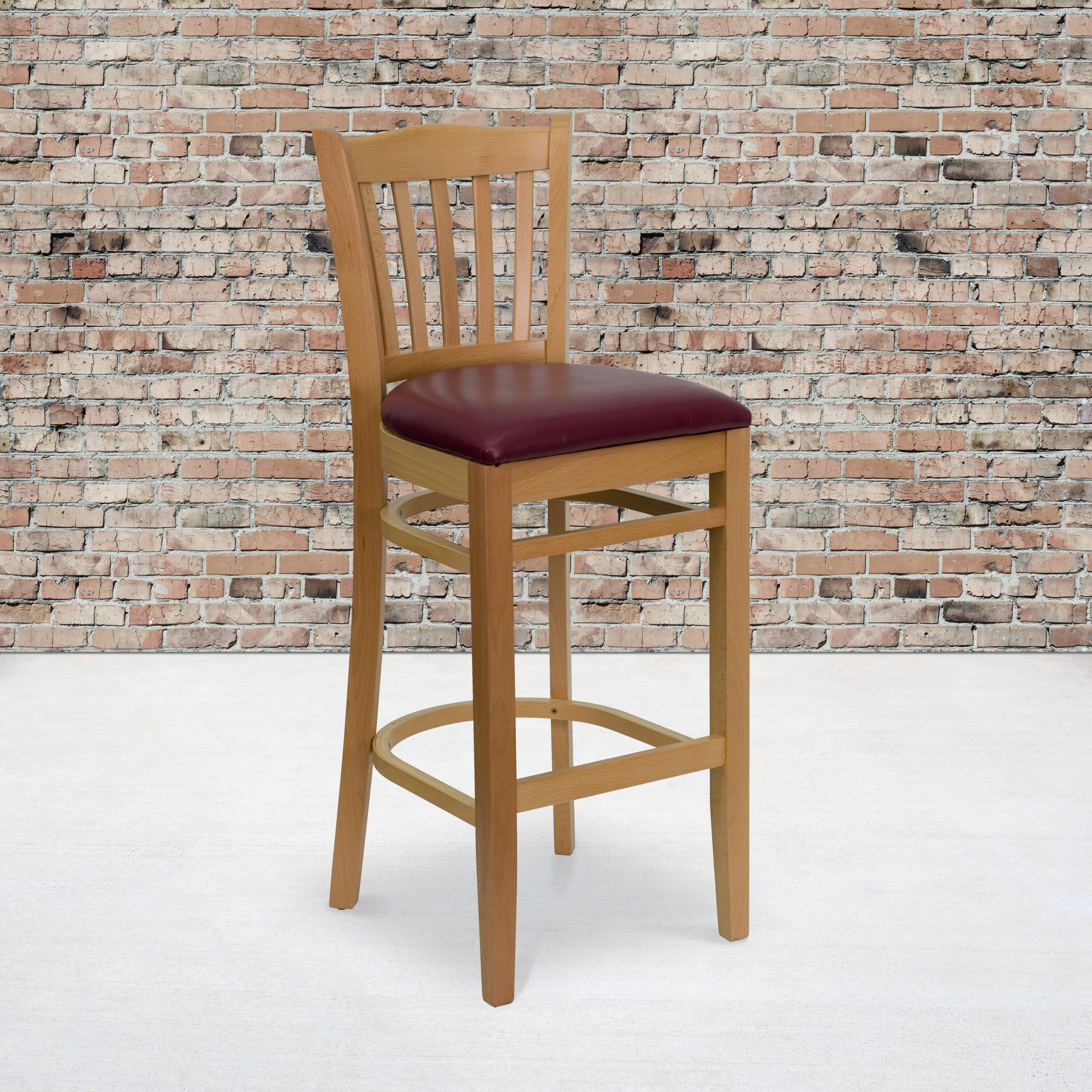 Angle. Flash Furniture - HERCULES Series Vertical Slat Back Natural Wood Restaurant Barstool - Burgundy Vinyl Seat - Burgundy.