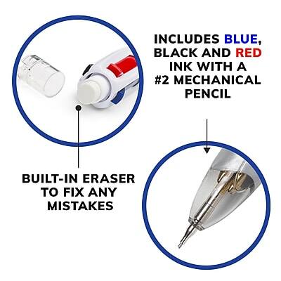INCLUDES BLUE, BLACK AND RED INK WITH A #2 MECHANICAL PENCIL  
BUILT-IN ERASER TO FIX ANY MISTAKES