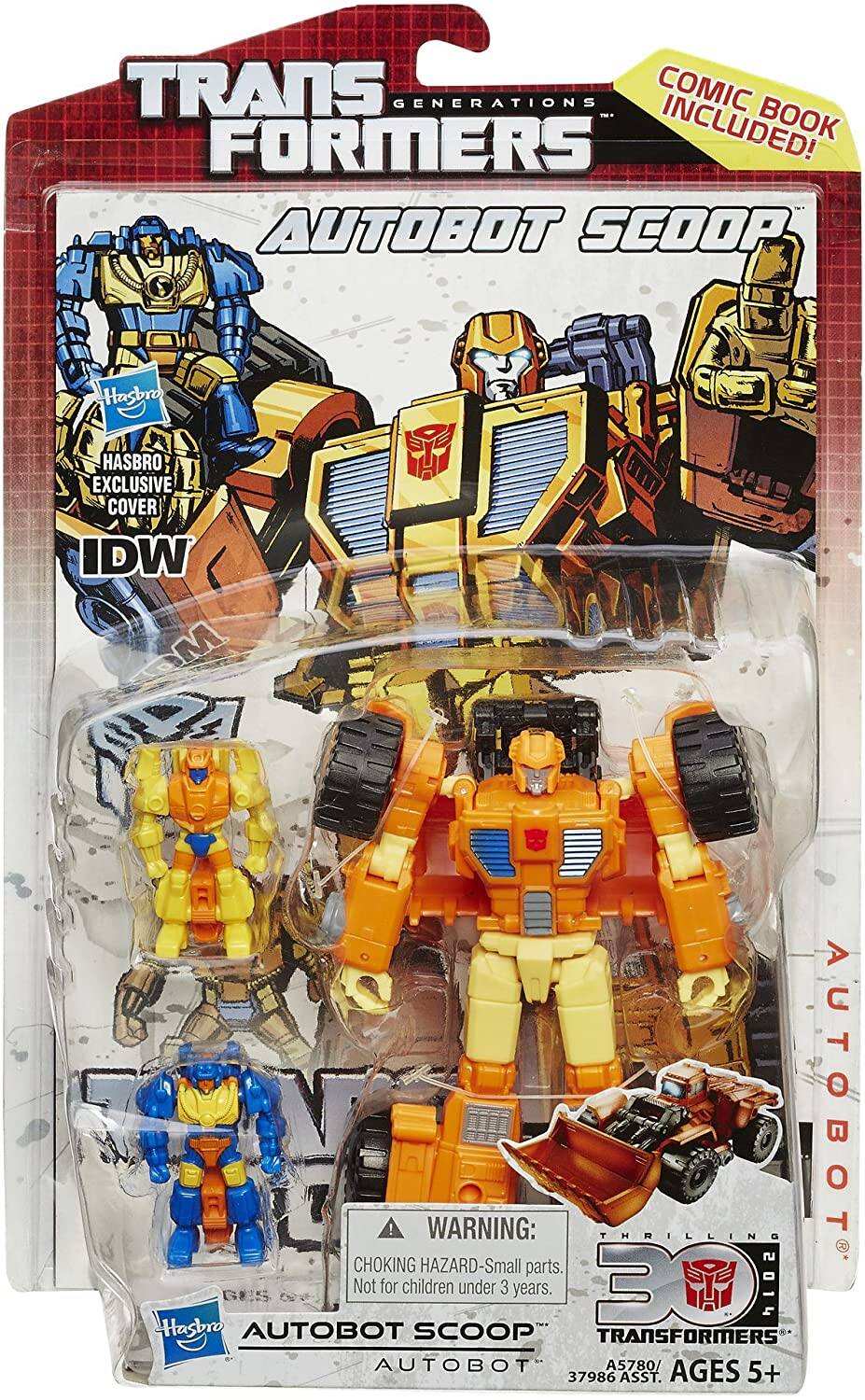 TRANSFORMERS GENERATIONS  
AUTOBOT SCOOP  
COMIC BOOK INCLUDED!  

HASBRO EXCLUSIVE COVER IDW  

WARNING: CHOKING HAZARD - Small parts. Not for children under 3 years.  

Ages 5+  
A5780/37986 ASST.  

AUTOBOT SCOOP