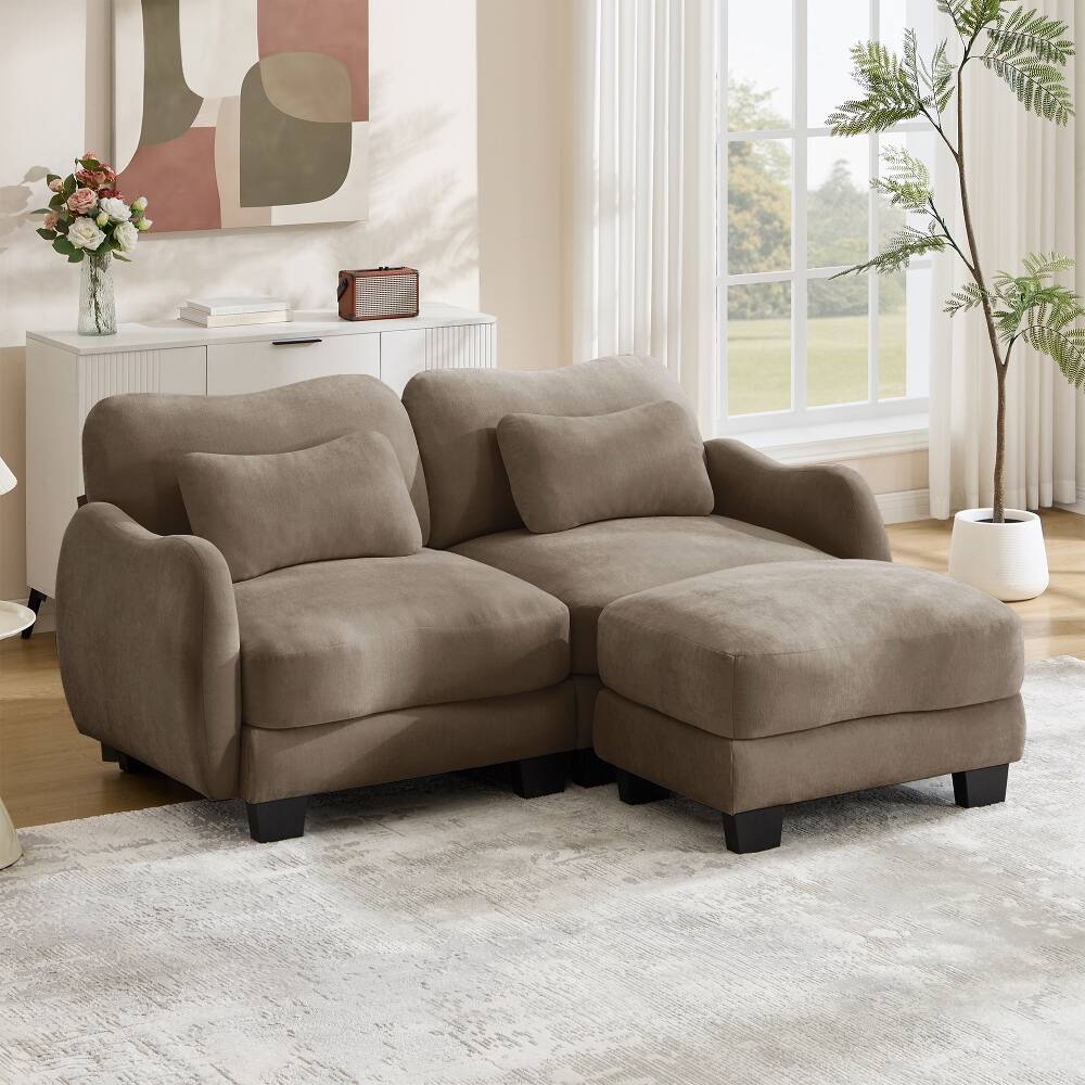 Left. Loheer - Loheer Chenille L-Shaped Loveseat Sofa with Ottoman, Ergonomic Curve Design & Waist Pillow, Coffee - Coffee.
