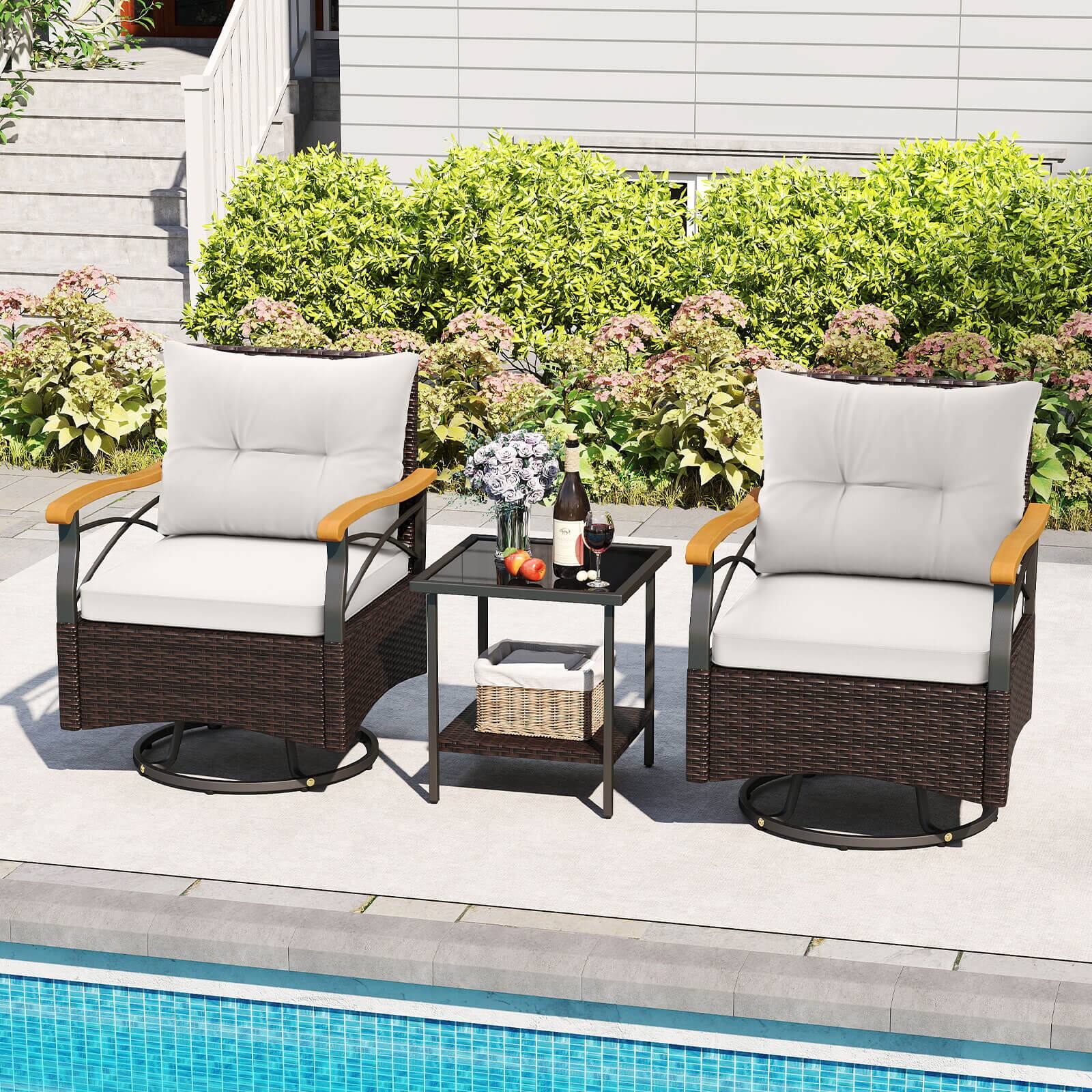 Alt View 1. Costway - Costway 3 PCS Outdoor Swivel Chair Set with 2-Tier Tempered Glass Side Table Cushions - Off White.