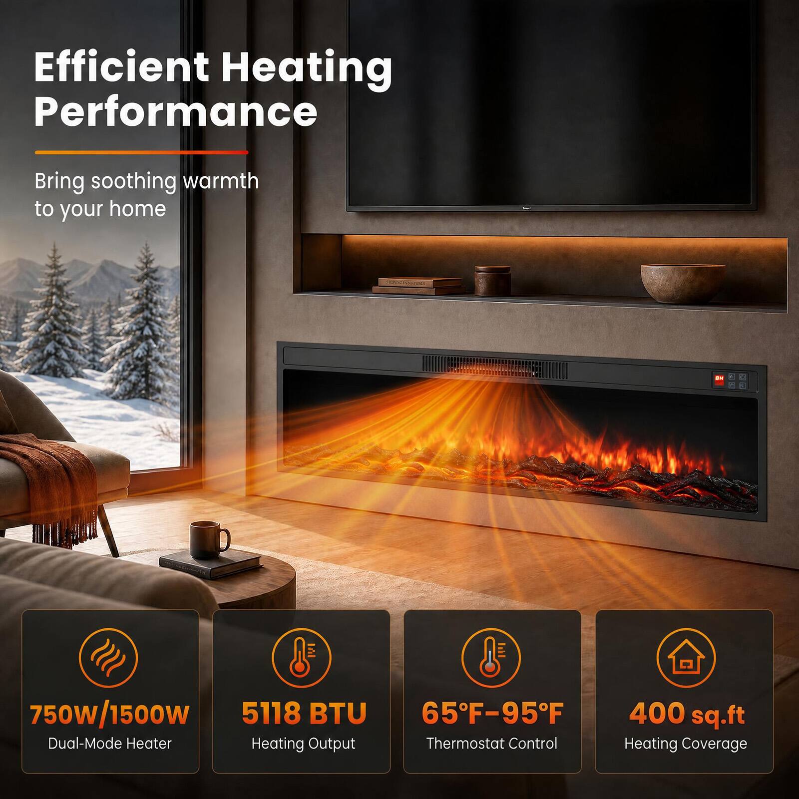 Efficient Heating Performance  
Bring soothing warmth to your home  

750W/1500W Dual-Mode Heater  
5118 BTU Heating Output  
65°F-95°F Thermostat Control  
400 sq.ft Heating Coverage