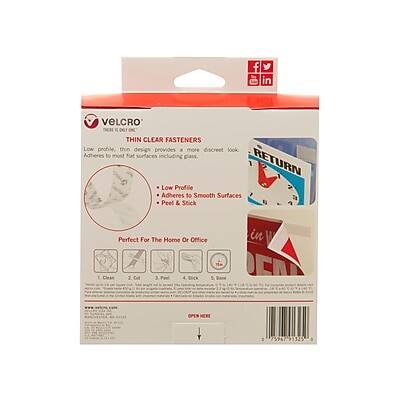 VELCRO  
THIN CLEAR FASTENERS  
Low profile, thin design provides more discreet look  
Adheres to most flat surfaces including glass  
- Low Profile  
- Adheres to Smooth Surfaces  
- Peel & Stick  

Perfect For The Home Or Office  
1. Clean  
2. Cut 3"  
3. Peel  
4. Stick  
5. Open Here  

RETURN  
OPEN HERE  

25987 93325