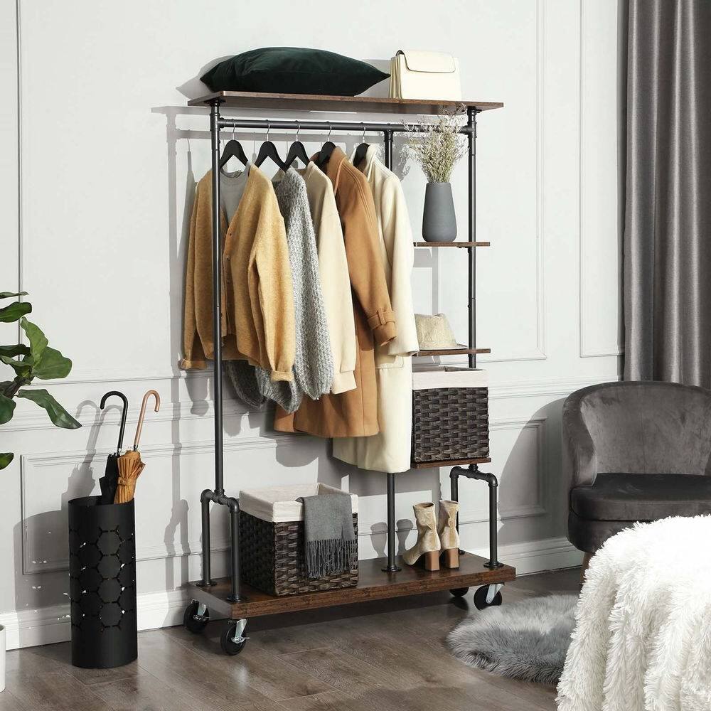 Left. Hivvago - Industrial Metal Pipe Garment Rack with Wood Storage Shelves on Wheels - Rustic Brown.