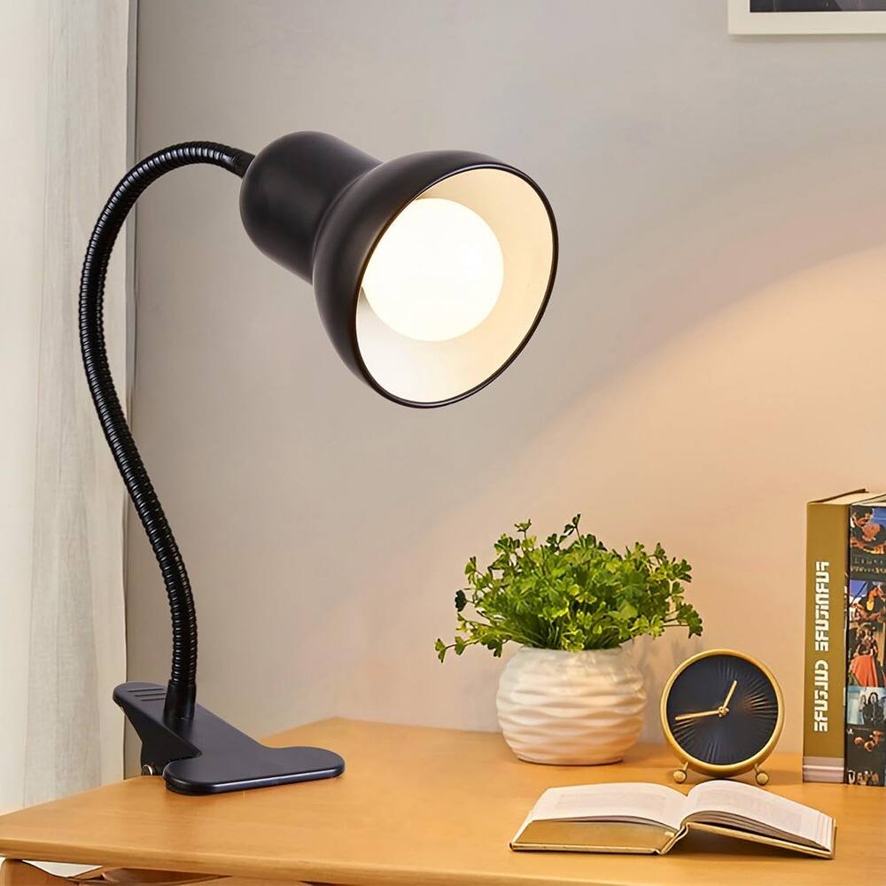 PARKER SLATER - Clip-On Desk Lamp with 360° Rotating Gooseneck, Ring Light, Eye-Care LED, Portable Clip-On Reading Lamp for Bedroom, Off - Black