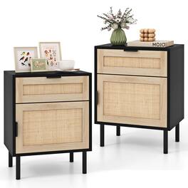 Costway - Rattan Nightstand Set of 2 Mid Century Modern End Table with Drawer & Cabinet - Black,Natural