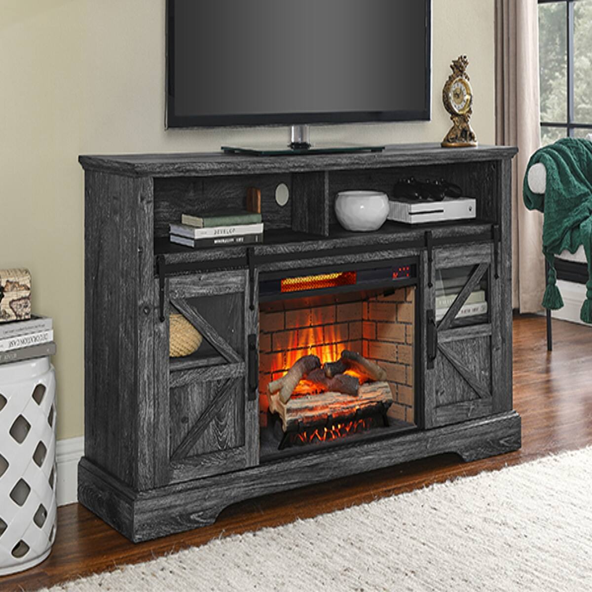 Front. Loheer - Loheer 60 inch electric fireplace entertainment center Dark Rustic Oak - Dark Oak.
