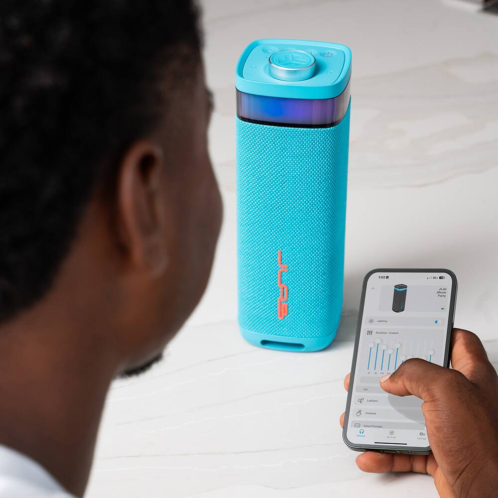 Sure, here is the corrected and grouped text from the image:

**On the Speaker:**
- JL Audio

**On the Phone Screen:**
- JL Audio
- Lighting
- Speaker Custom
- Low
- Medium
- High
- Loudness
- Controls
- View Product
- 300 Watts
- Bluetooth
- 102 dB
- 60
- 42