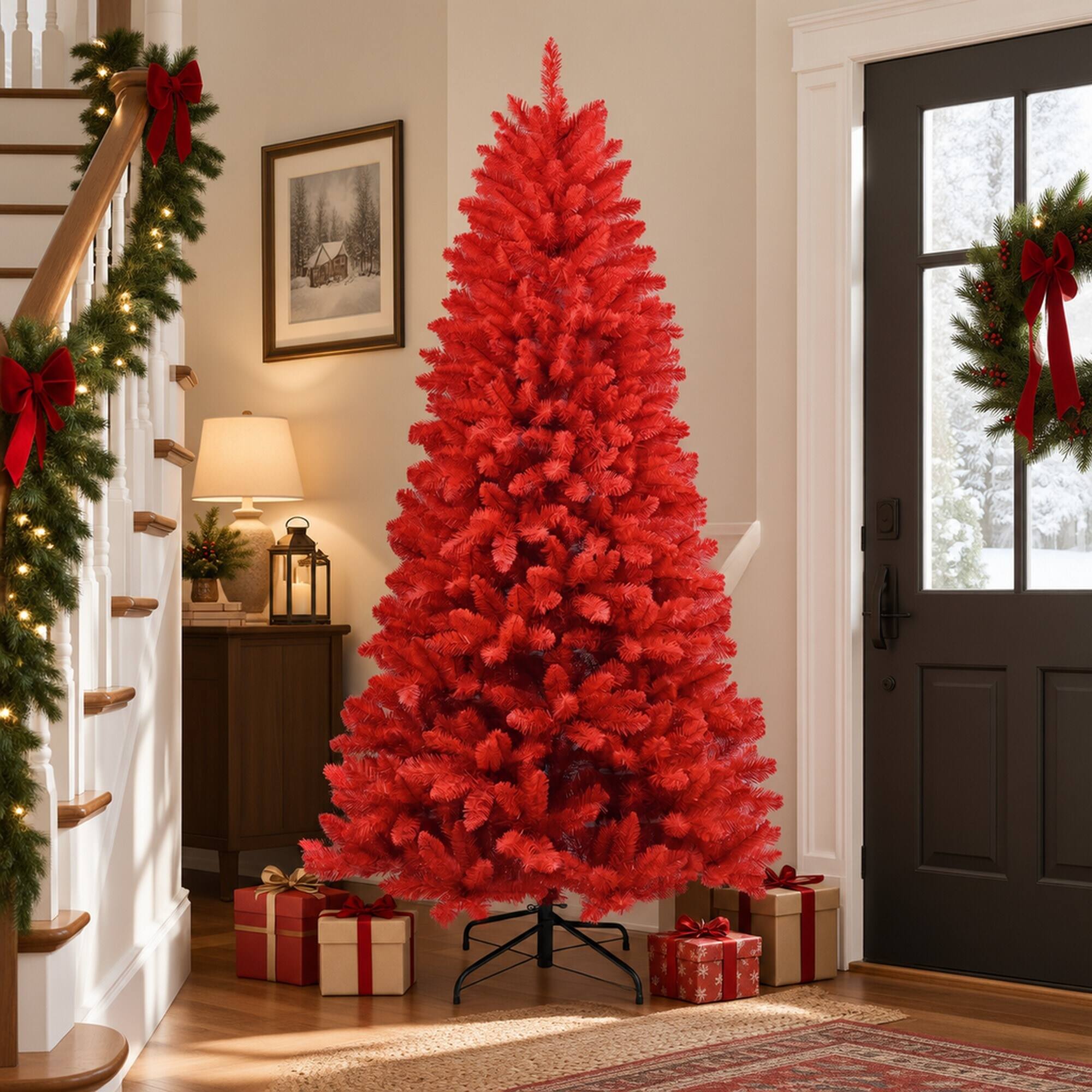 Alt View 1. RYHNUYNE - 6 Ft Pure Red Artificial Christmas Tree With 804 Dense Tips, Hinged Branches Stable Metal Stand For Holiday Decor - Red.