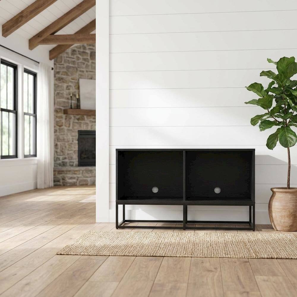 Alt View 4. FurniFact - Black Record Player Stand, MDF Steel Industrial Vinyl Console - Black.