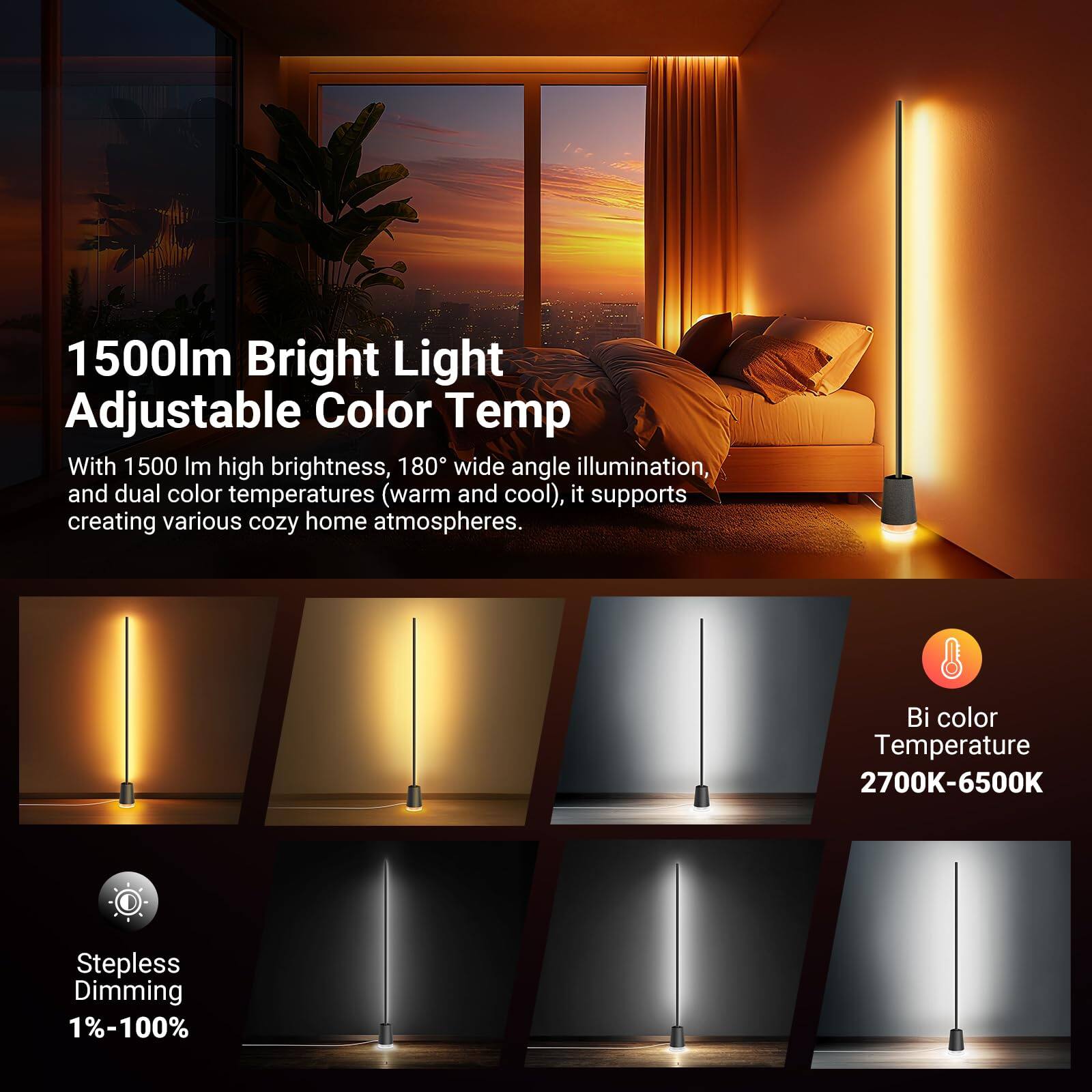 1500lm Bright Light Adjustable Color Temp

With 1500 lm high brightness, 180° wide angle illumination, and dual color temperatures (warm and cool), it supports creating various cozy home atmospheres.

Bi color Temperature 2700K-6500K

Stepless Dimming 1%-100%