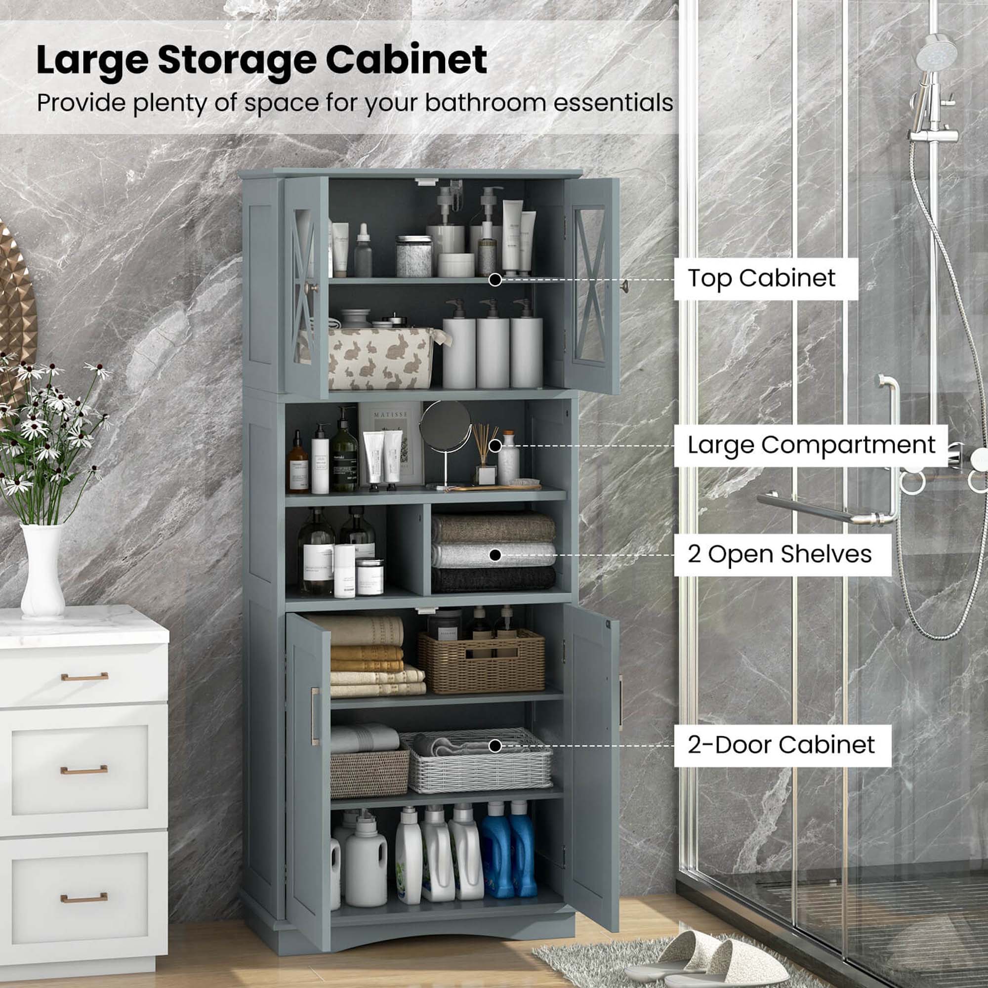 Large Storage Cabinet: Provide plenty of space for your bathroom essentials. Top Cabinet: Measurements for the top cabinet. Large Compartment: A large compartment for storing larger items. 2 Open Shelves: Two open shelves for displaying items. 2-Door Cabinet: A two-door cabinet for additional storage.