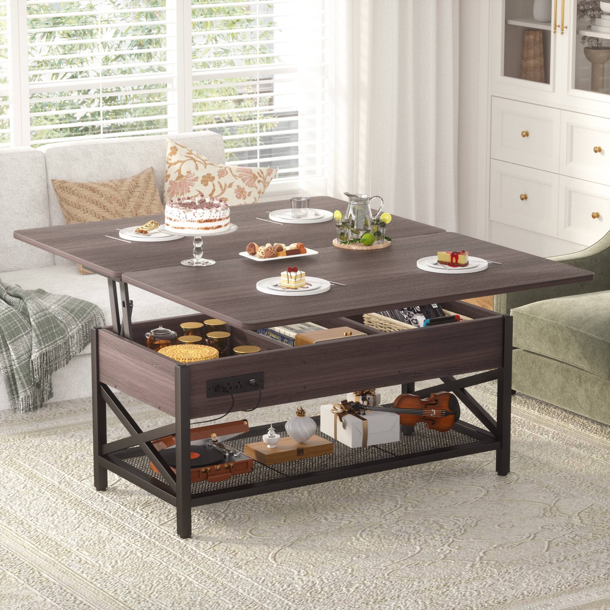 Back. Aheaplus - Convertible Lift Top Coffee Table: LED Lights & Power Outlet, Multi-Function Center Table for Living Room - Black Walnut.