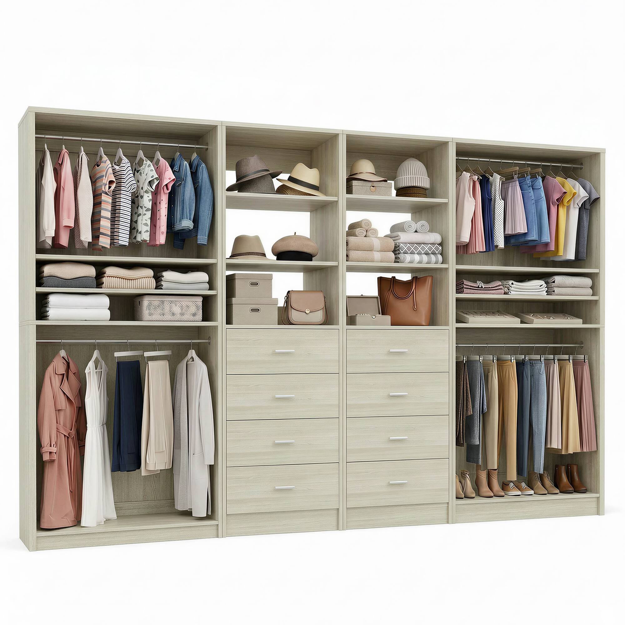 Angle. Aheaplus - 114.6'' Wide Closet Organizer with 8 Drawers and 4 Hanging Rods, 4-Piece Set - Beige Oak.