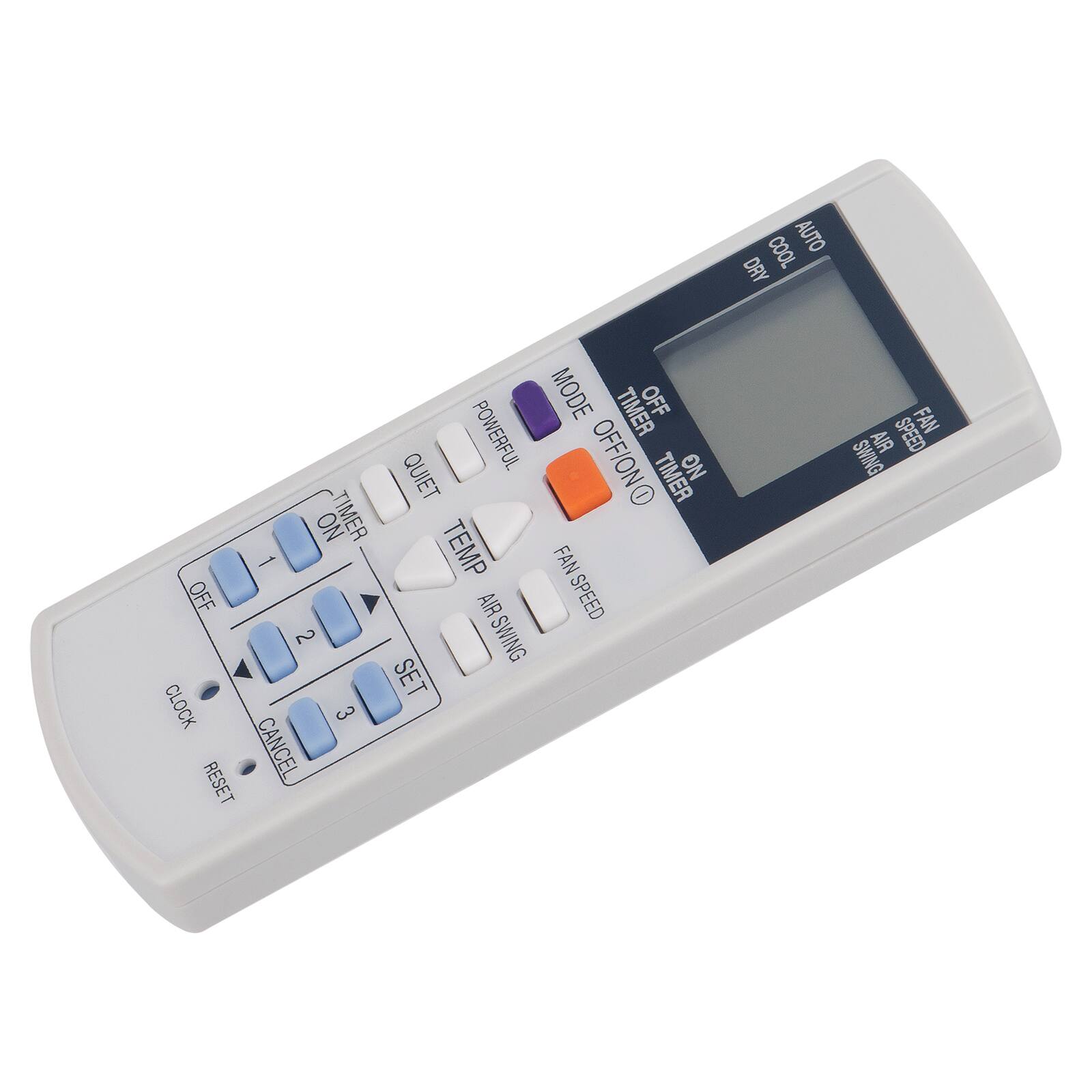 Sure, here is the corrected and grouped text from the image:

- **Powerful**
- **Quiet**
- **Timer On**
- **Timer Off**
- **Mode**
  - **Off**
  - **Auto**
  - **Cool**
  - **Dry**
- **Fan Speed**
- **Air Swing**
- **Temp**
- **Fan**
- **Air Swing**
- **1**
- **2**
- **3**
- **Set**
- **Cancel**
- **Reset**
- **Clock**