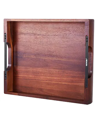 Front. VEVOR - Wood Serving Tray, Acacia Wooden Tray Board with Handles, Decorative Rustic Serving Trays Platter - Tray body: Dark walnut; Metal handle: Black.