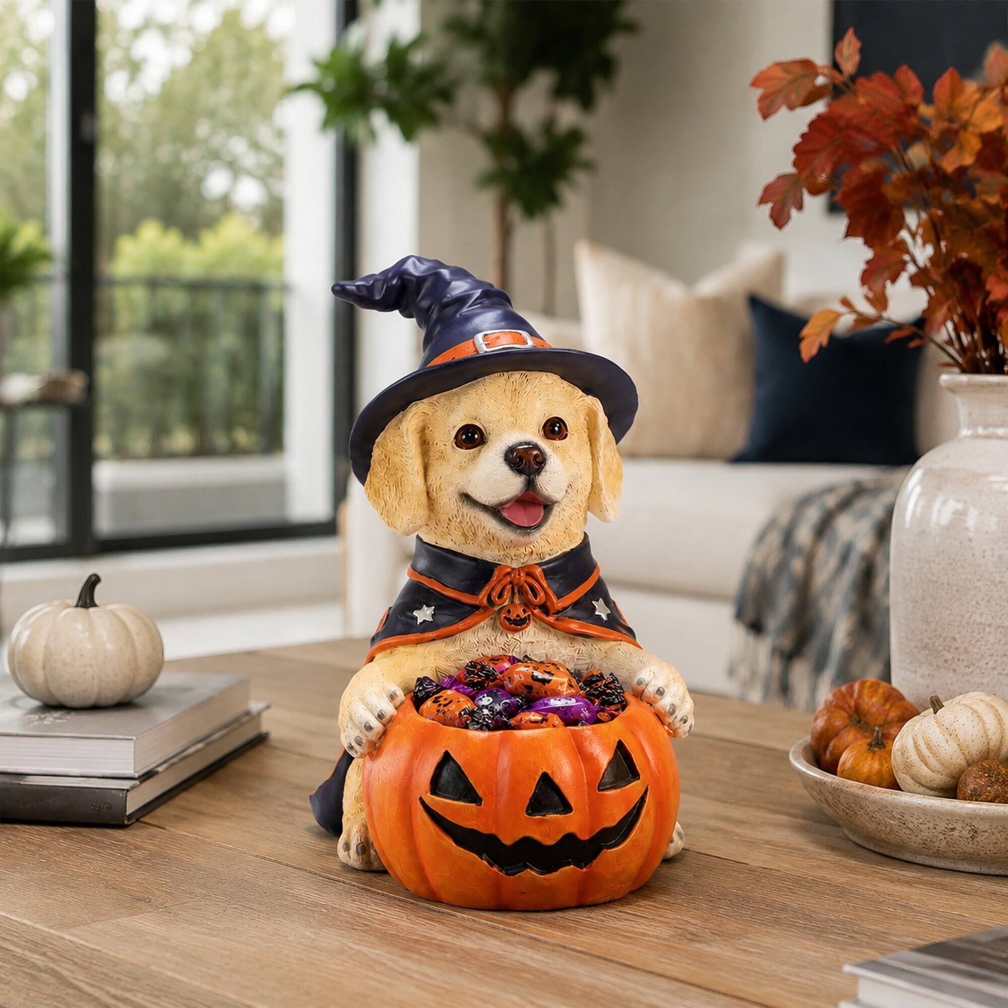 Back. RYHNUYNE - Halloween Labrador Retriever Witch Puppy Figurine with Pumpkin Candy Bowl, Hand-Painted Resin Dog Decor - Beige.