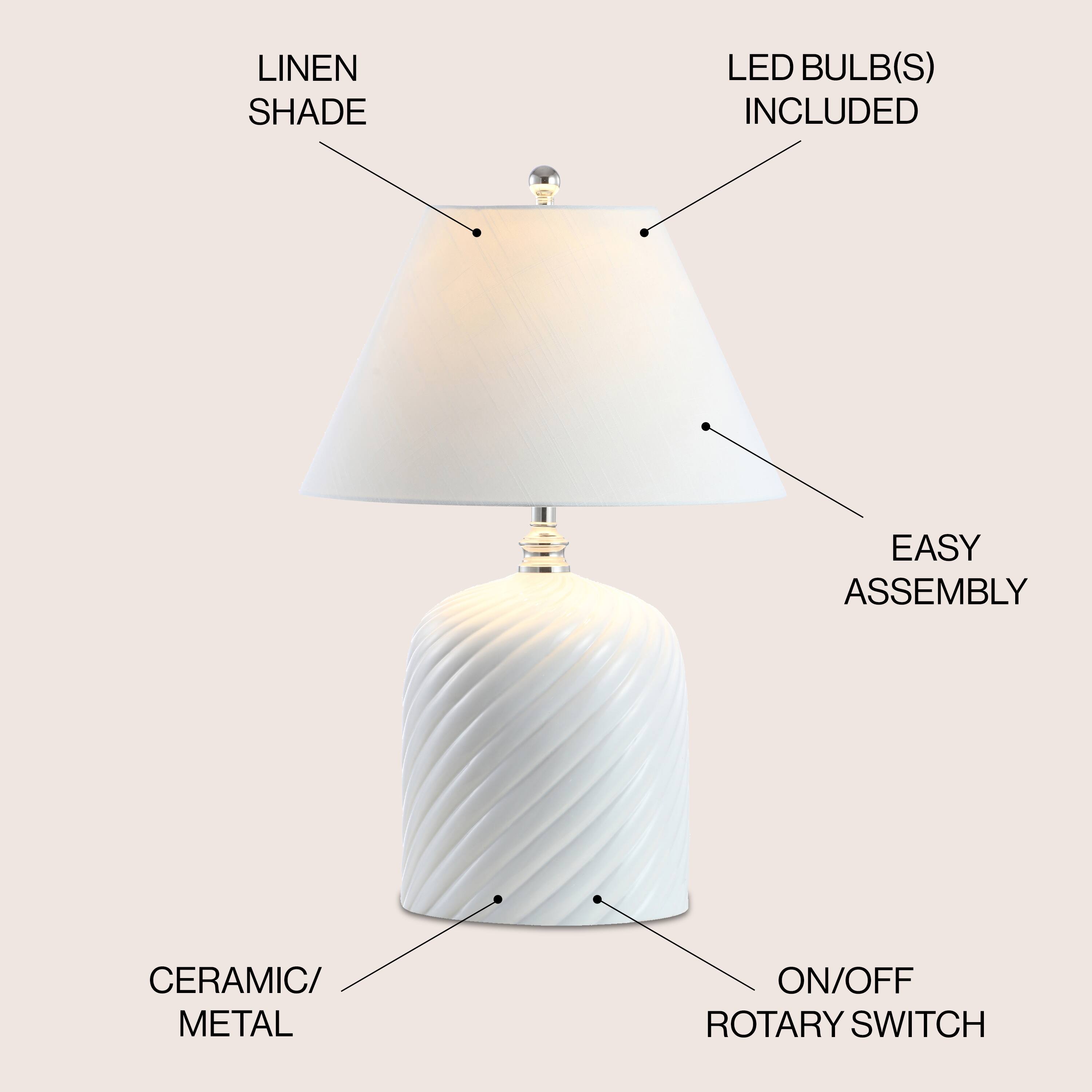 LINEN SHADE  
LED BULB(S) INCLUDED  
EASY ASSEMBLY  
CERAMIC/METAL  
ON/OFF ROTARY SWITCH