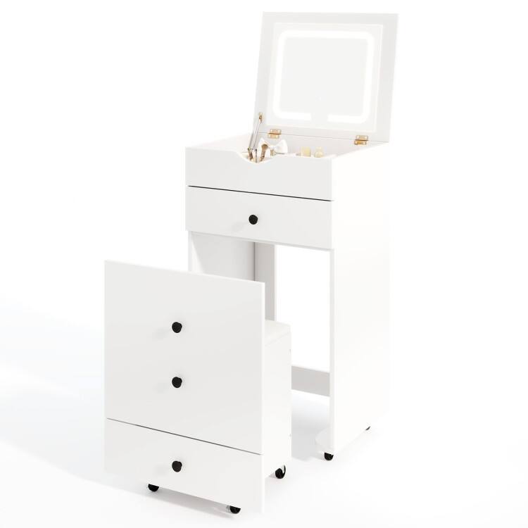 Front. SlickBlue - Vanity Table Set with Flip-up Mirror, Stool, and Storage Space - White.