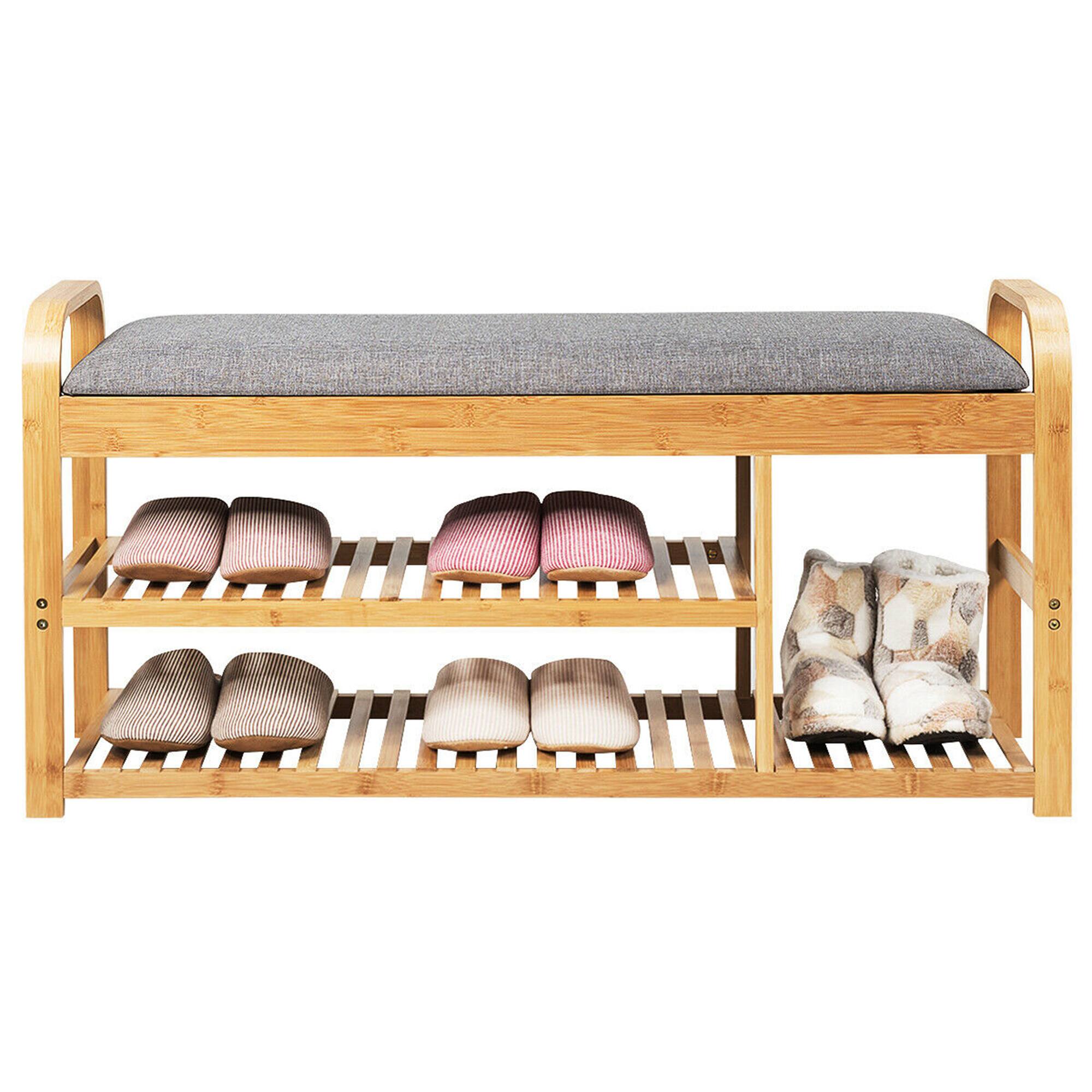 Alt View 19. Costway - Shoe Rack Entryway 3-Tier Bamboo Shoe Bench Organizer W/Cushion Modern Stool - Natural and Grey.
