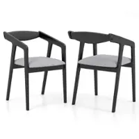 Costway Wooden Dining Chair Set of 2 with Rubber Wood Frame Armrests Padded Cushion - Black - Front_Zoom