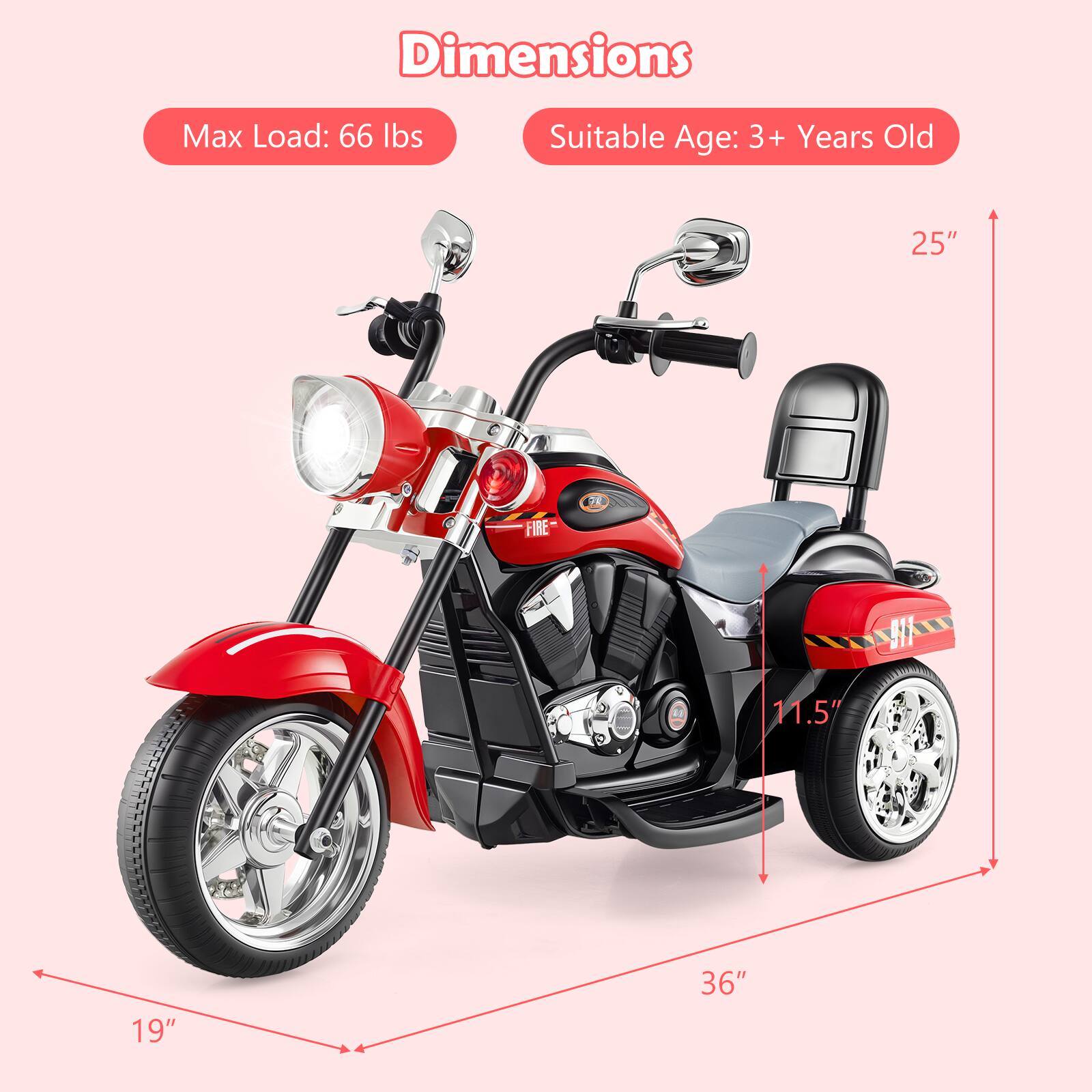 Dimensions  
Max Load: 66 lbs  
Suitable Age: 3+ Years Old  

25"  
11.5"  
19"  
36"