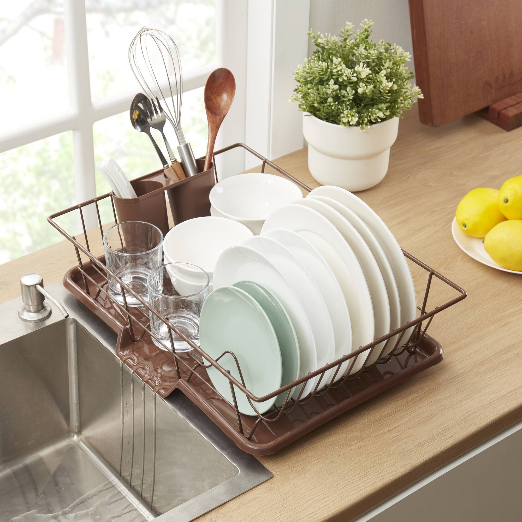 Back. Sweet Home Collection - Steel 3-Piece Large Countertop Dish Drainer with Drain Board & Utensil Holder - Bronze.