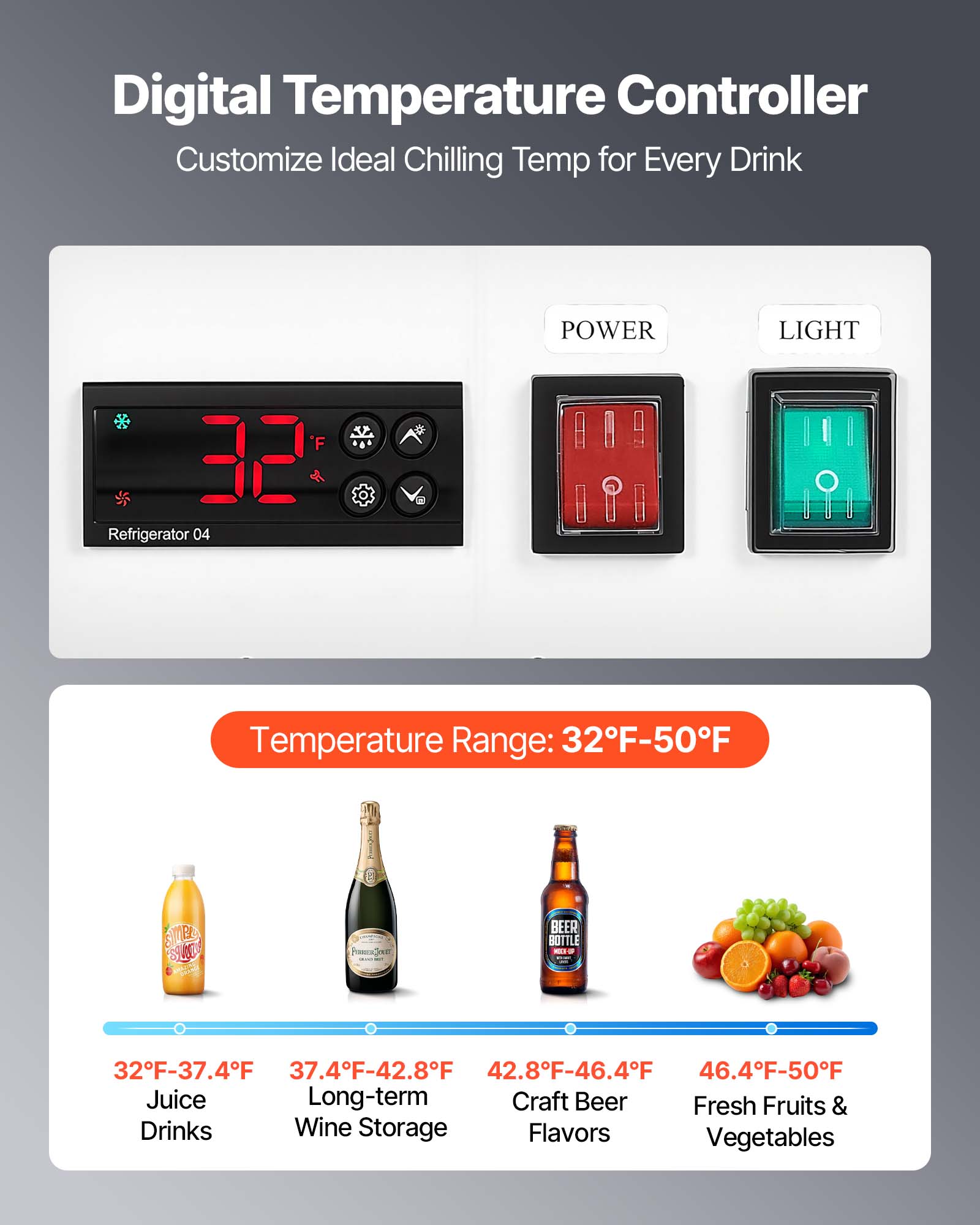 Digital Temperature Controller Customize Ideal Chilling Temp for Every Drink

POWER
LIGHT

Refrigerator 04
Temperature Range: 32°F-50°F

SIMES SLICK

32°F-37.4°F 37.4°F-42.8°F 42.8°F-46.4°F 46.4°F-50°F

Juice Long-term Craft Beer Fresh Fruits & Drinks Wine Storage Flavors Vegetables