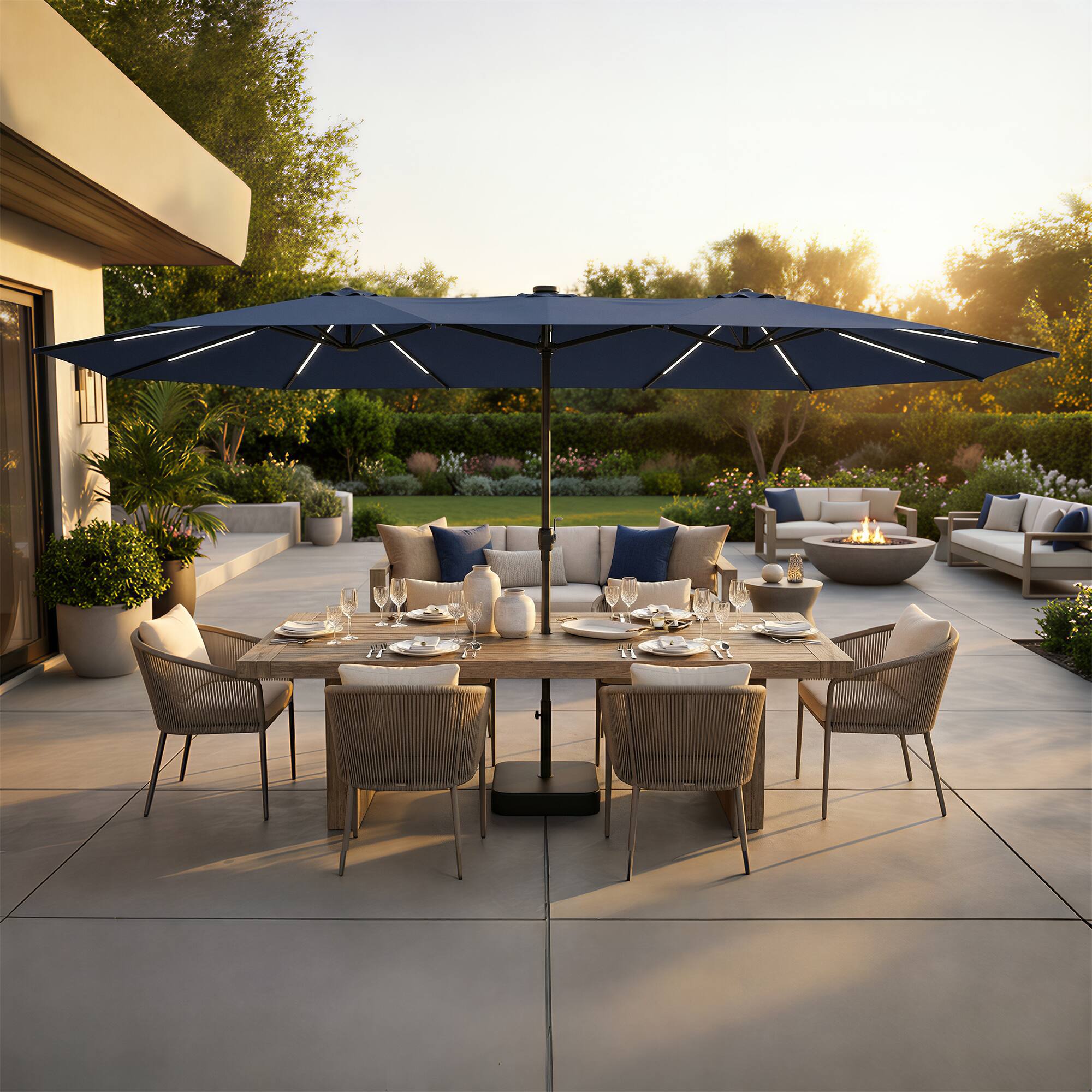 Angle. Famapy - Double Top Patio Umbrella with LED Lights Outdoor Market UmbrellaLarge Twin Canopy Deck Umbrella for Patio Garden - Navy blue.