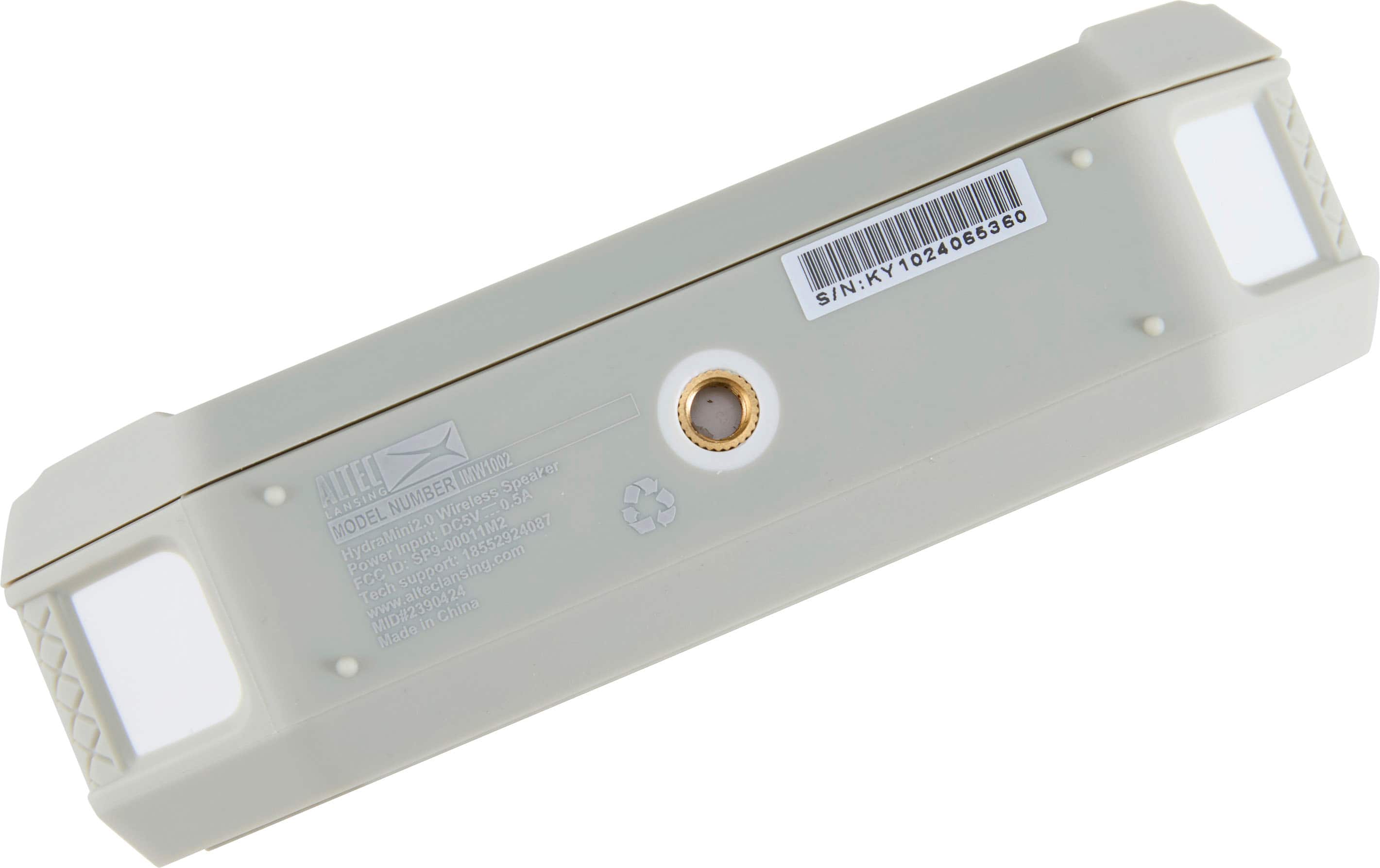 The text on the image reads:
S/N: KY1024065360
KY ALTEC IMW1002 Speaker
LANSING NUMBER Wireless 0.5A
MODEL HydraMini2.0
SP9-00011M2
DC5V
18552924087
Input: Power
ID: support: alteclansing.com
FCC Tech www MID#2390424
China Made