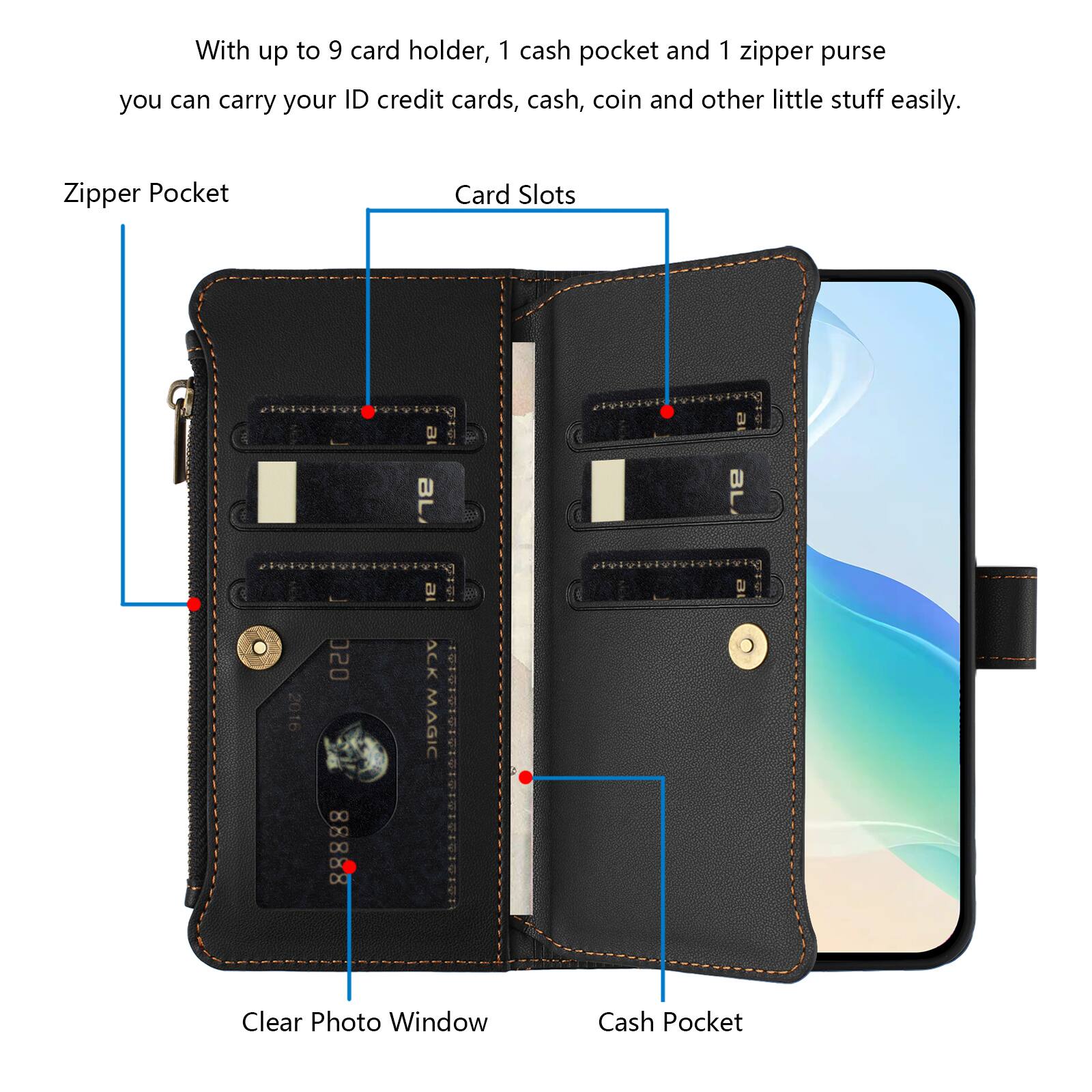 With up to 9 card holder, 1 cash pocket and 1 zipper purse you can carry your ID credit cards, cash, coin and other little stuff easily.

Zipper Pocket
Card Slots
BL
2016
020 88888
ACK MAGIC
Clear Photo Window
Cash Pocket