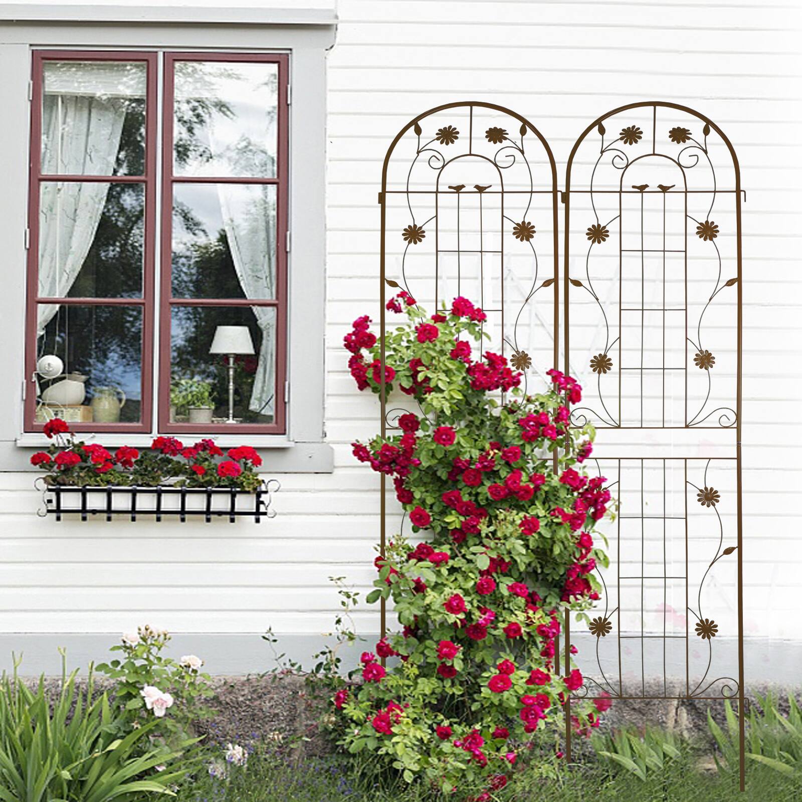 Alt View 5. Loheer - 2 Pack Rustproof Metal Garden Trellis 7.2 ft x 1.6 ft for Climbing Plants Outdoor - Brown.