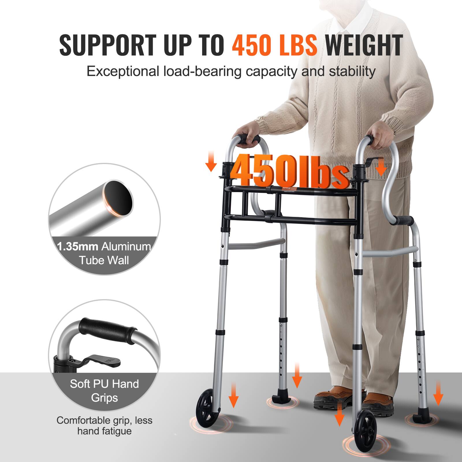 SUPPORT UP TO 450 LBS WEIGHT, Exceptional load-bearing capacity and stability, 450lbs, 1.35mm Aluminum Tube Wall, Soft PU Hand Grips, Comfortable grip, less hand fatigue