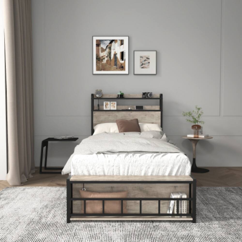 LUCKY ONE - Twin Size Bed Frame with Headboard, RGB LED Lights, USB Charging Station, Storage, No Box Spring Needed, Easy Assembly - Black+ Gray