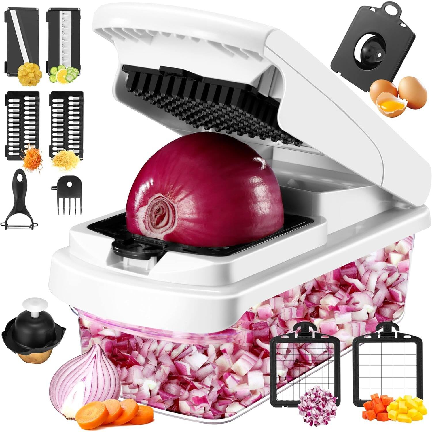 PARKER SLATER - 12-in-1 Vegetable Chopper with 7 Blades, Multifunctional Food Cutter for Salad, Onion, Garlic, and More - White