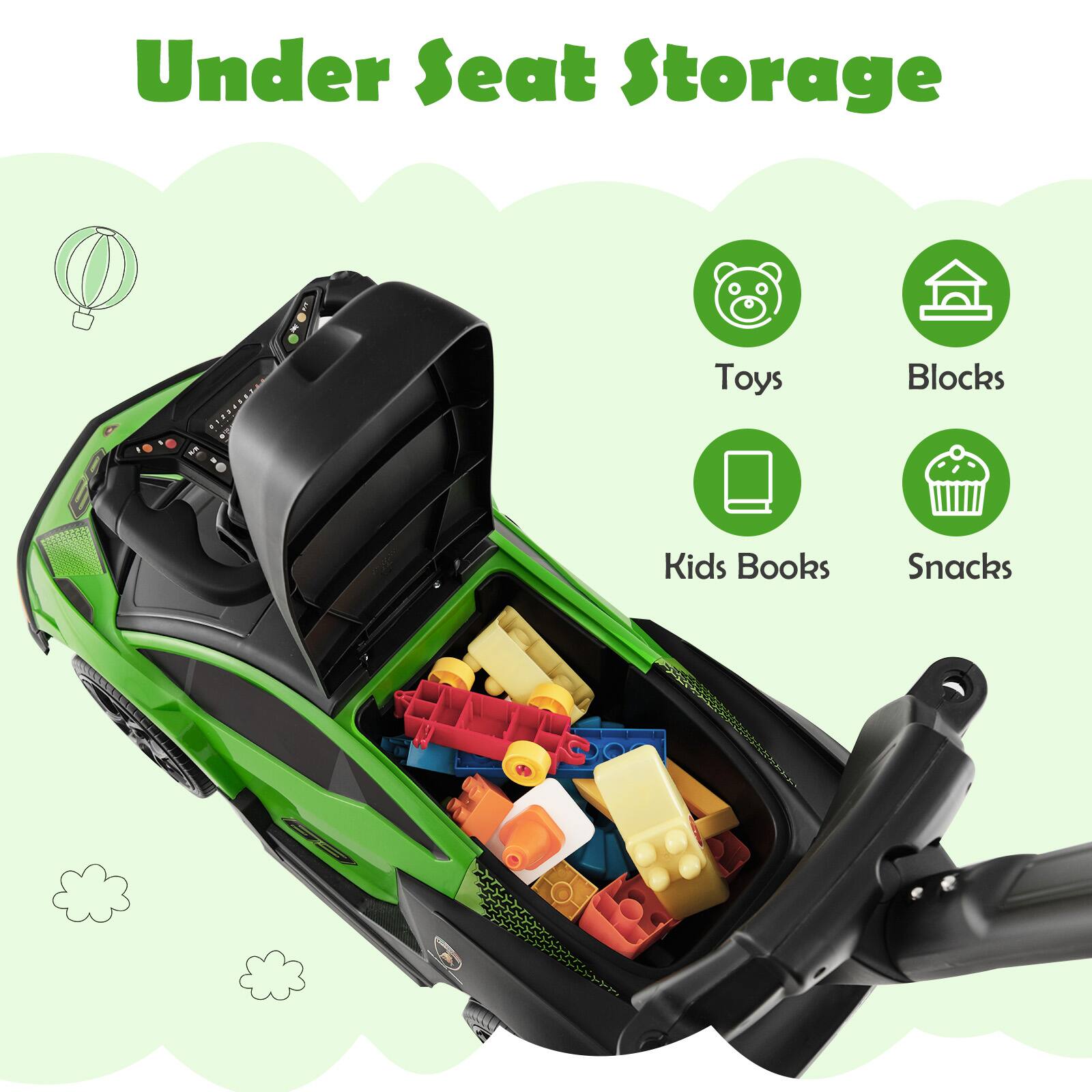 Under Seat Storage

- Toys
- Blocks
- Kids Books
- Snacks