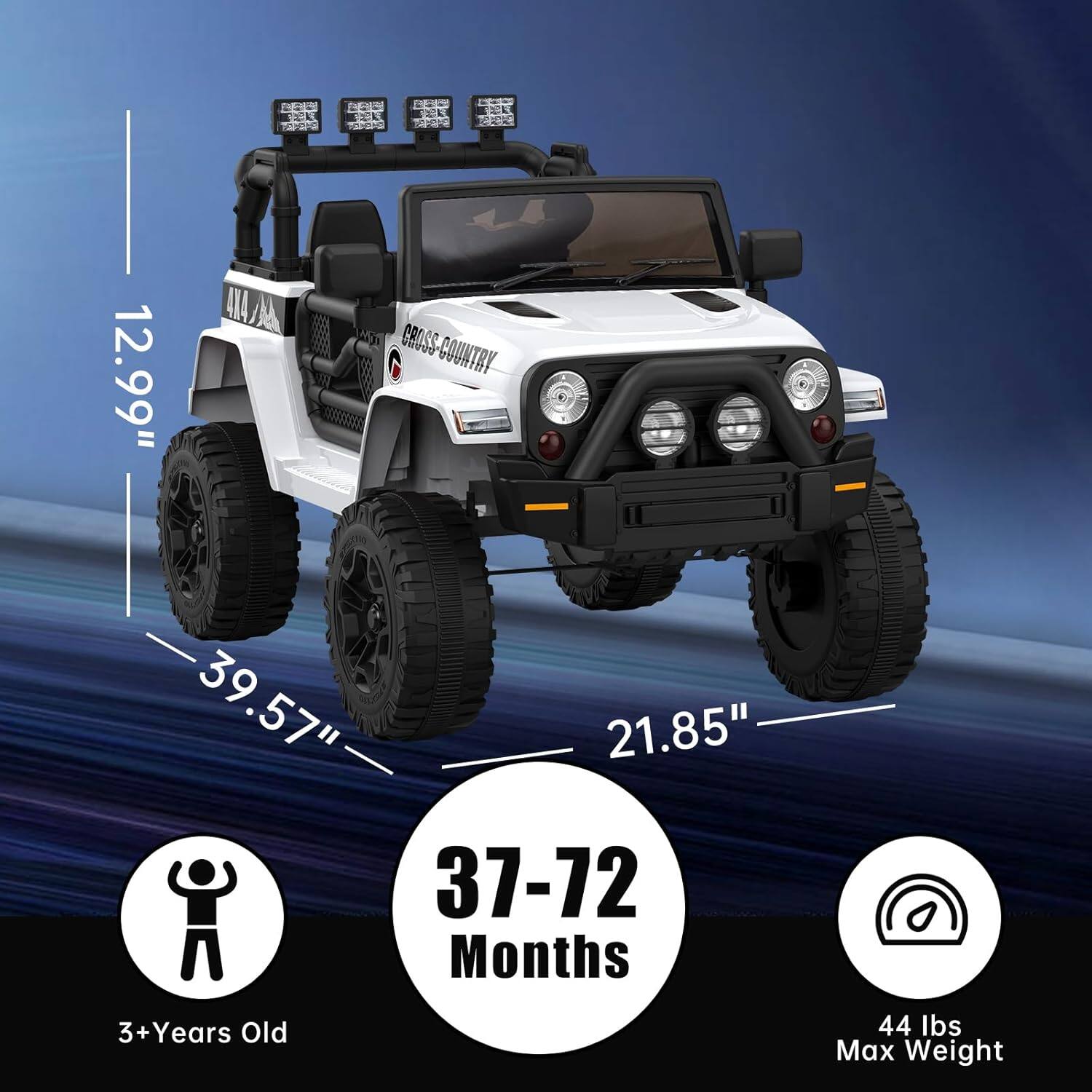 - Height: 12.99"
- Length: 39.57"
- Width: 21.85"
- Age: 3+ Years Old
- Weight: 44 lbs Max Weight
- Recommended for: 37-72 Months