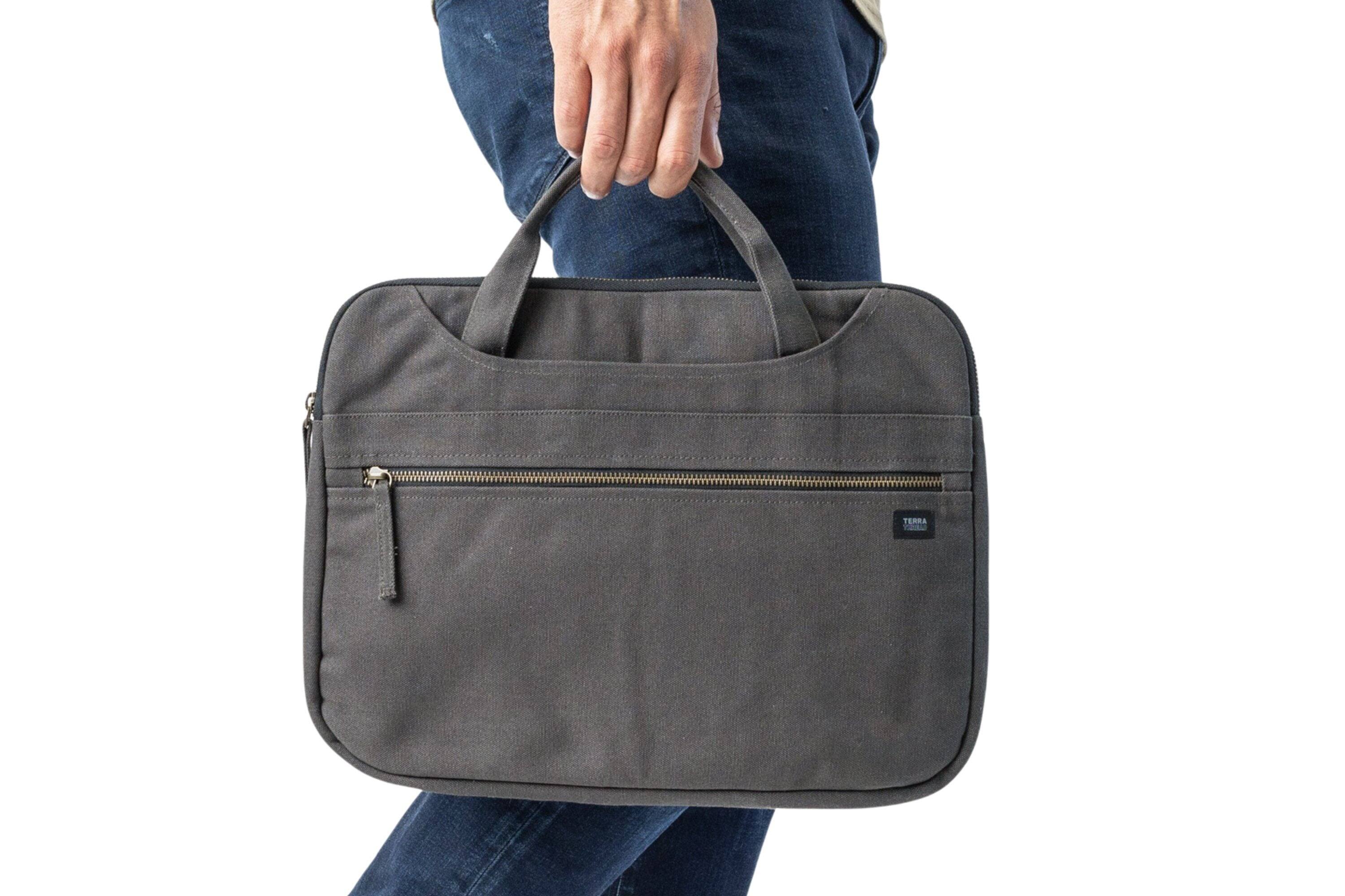 Alt View 1. Terra Thread - Organic Cotton Laptop Sleeve With Handles - Charcoal Grey.