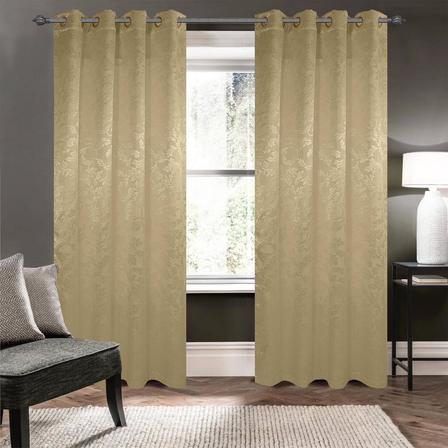 Angle. Olivia Gray - Olivia Gray 100% Polyester 200 GSM Dyson Embossed Blackout Grommet Curtain Panel 54" x 84" Gold - Gold.