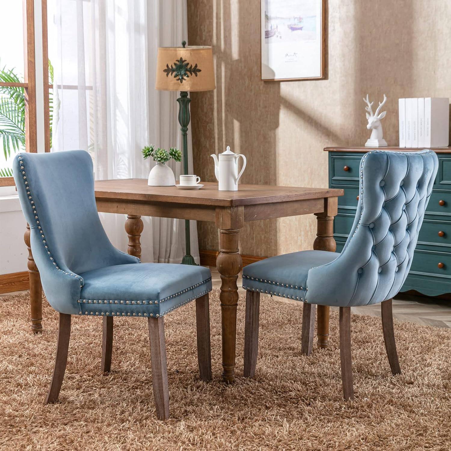 Alt View 1. Trinkets Crazed - Upholstered Wing-Back Dining Chair with Backstitching Nailhead Trim and Solid Wood Legs,Set of 2 - light blue.