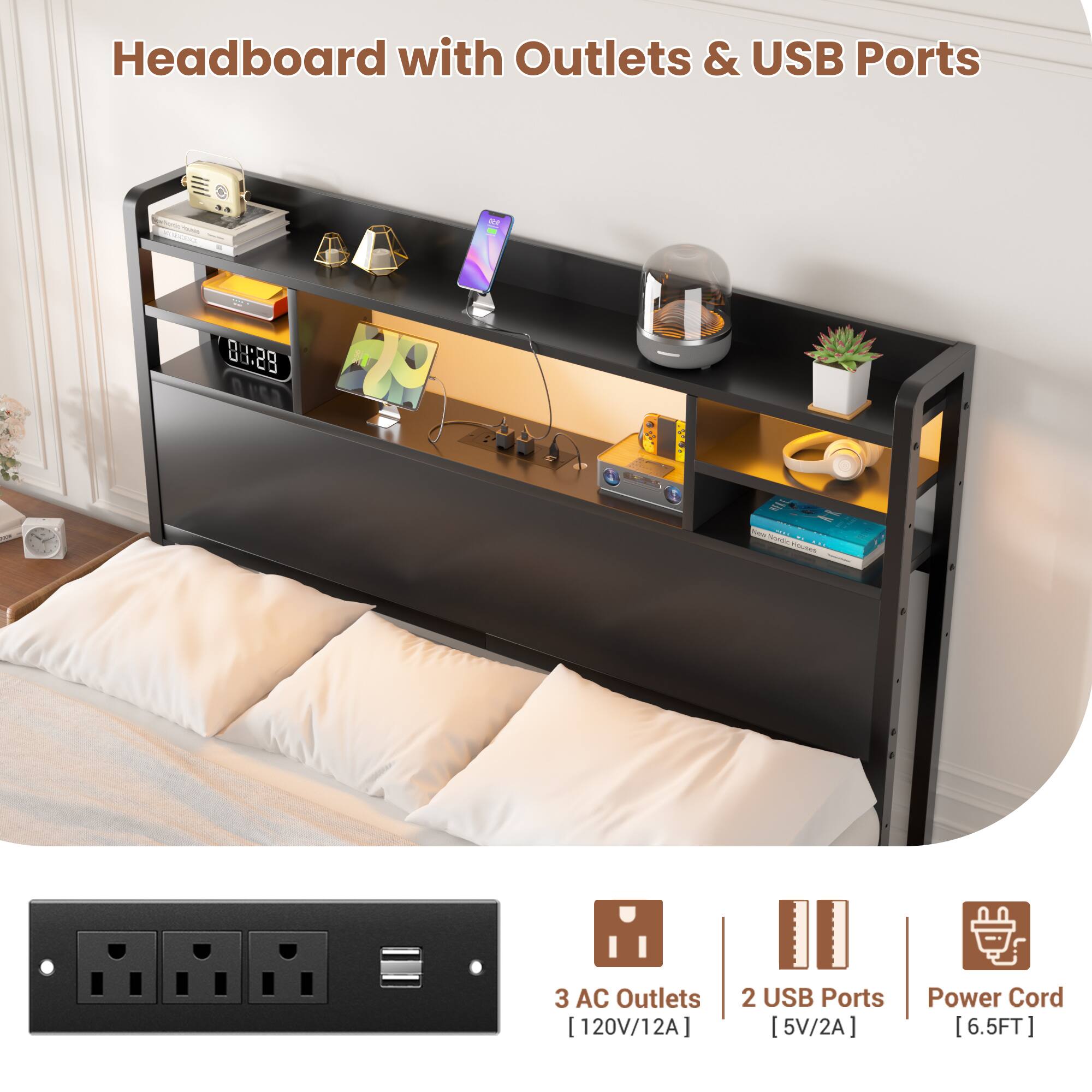 Headboard with Outlets & USB Ports

- 3 AC Outlets [120V/12A]
- 2 USB Ports [5V/2A]
- Power Cord [6.5FT]