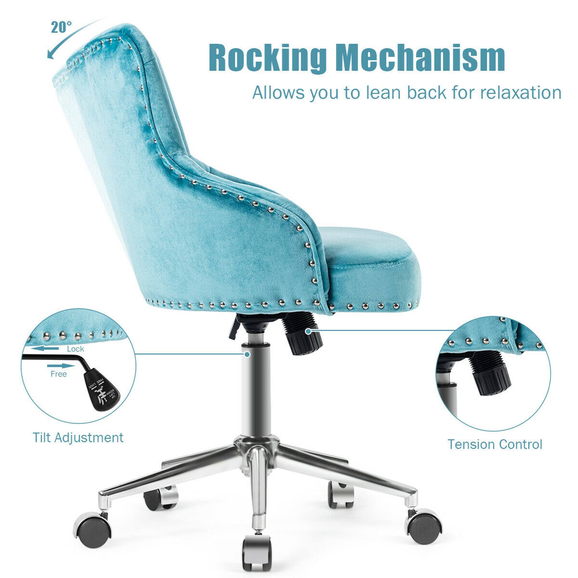 The image features a blue chair with a rocking mechanism that allows the user to lean back for relaxation. The chair also has a lock-free tilt adjustment and a tension control, providing comfort and customization options for the user.