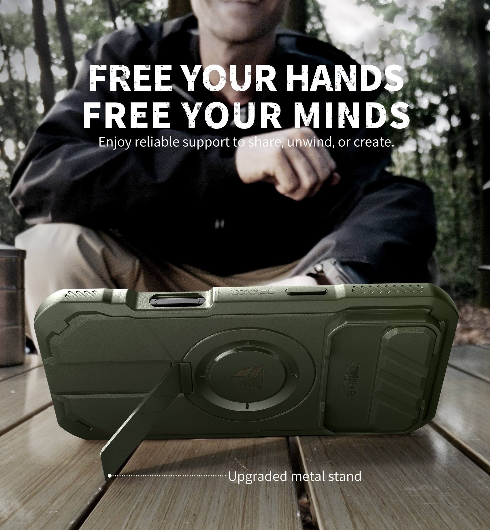 FREE YOUR HANDS  
FREE YOUR MINDS  
Enjoy reliable support to share, unwind, or create.  

Upgraded metal stand