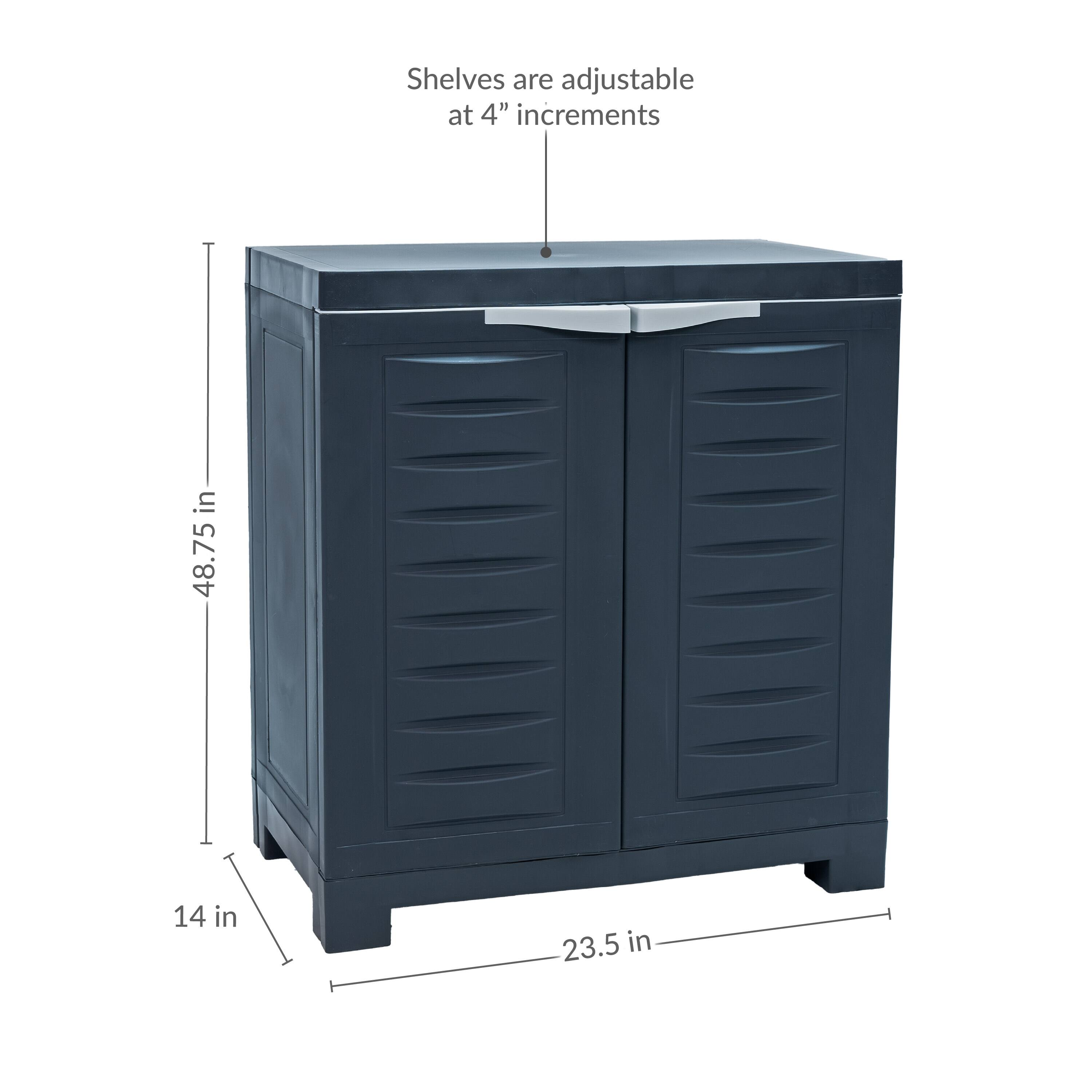 Shelves are adjustable at 4" increments in 48.75" x 14" x 23.5"