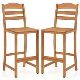 Costway - 2PCS Solid Acacia Wood Bar Stool, 29.5" Bar Height Stool with Backrest & Footrest - Natural