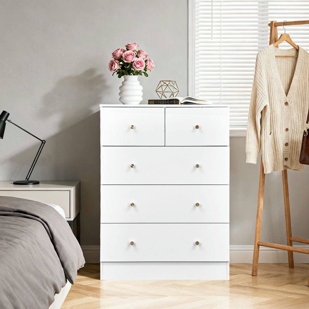 Left. Kadyn - 5-Drawer Cabinet, 3+2 Storage Dresser with Matte Gold Handles & Hemp Finish - White - White.