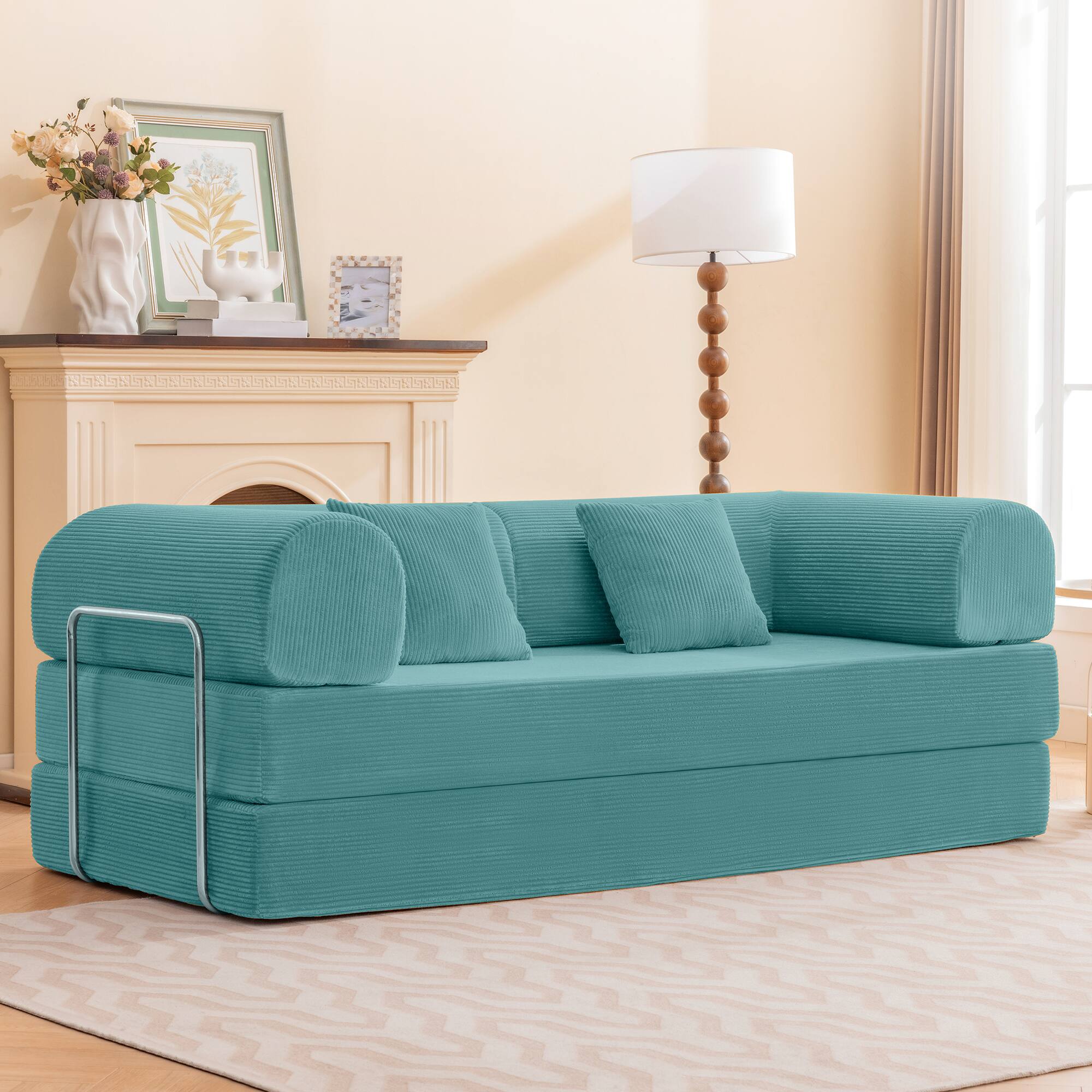 Alt View 6. KERDOM - 78 Inch W Sectional Modular Sofa, 3-4 Person Corduroy Sofa Bed Foldable, High Rebound Density Sponge Sofa, Block Couch - Aqua Blue.