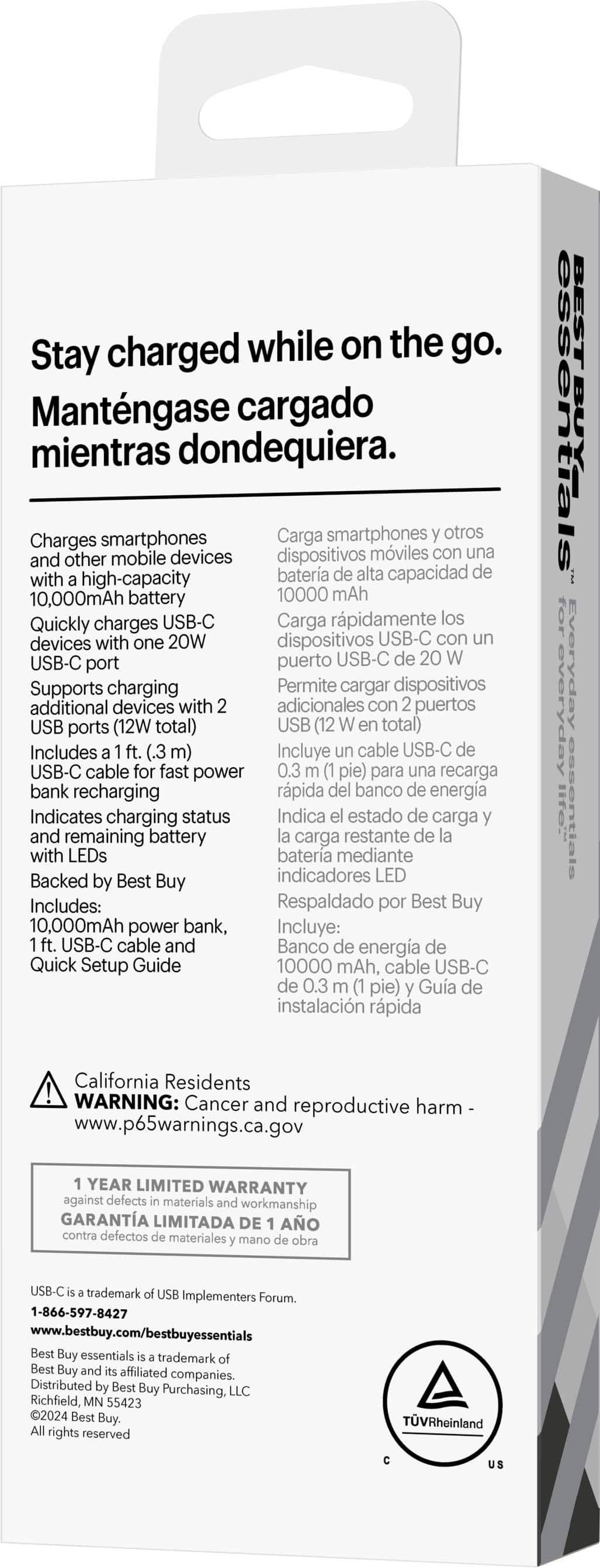 Stay charged while on the go. Mantngase cargado mientras dondequiera. This smartphone charger charges smartphones and other mobile devices with a high-capacity 10,000mAh battery. It quickly charges USB-C devices with a 20W USB-C port (12W total) and supports charging additional devices with USB ports (12W total). Includes a 0.3-pie USB-C cable for fast power bank recharging. Indicates charging status with LEDs. Backed by Best Buy. 10,000mAh power bank, USB-C cable, and Quick Setup Guide included.