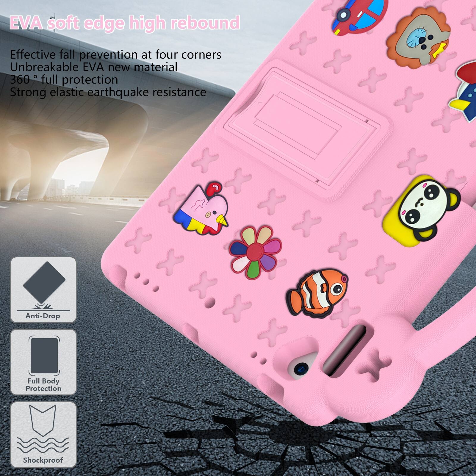 EVA soft edge high rebound  
Effective fall prevention at four corners  
Unbreakable EVA new material  
360° full protection  
Strong elastic earthquake resistance  

Anti-Drop  
Full Body Protection  
Shockproof